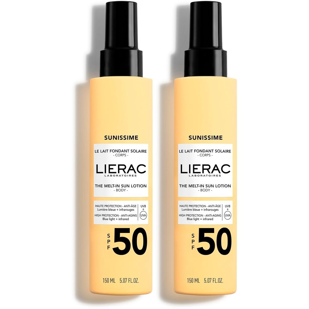 Deux flacons de lotion solaire. Flacons jaunes avec vaporisateur noir. Inscription: LIERAC, Sunissime, SPF50.
