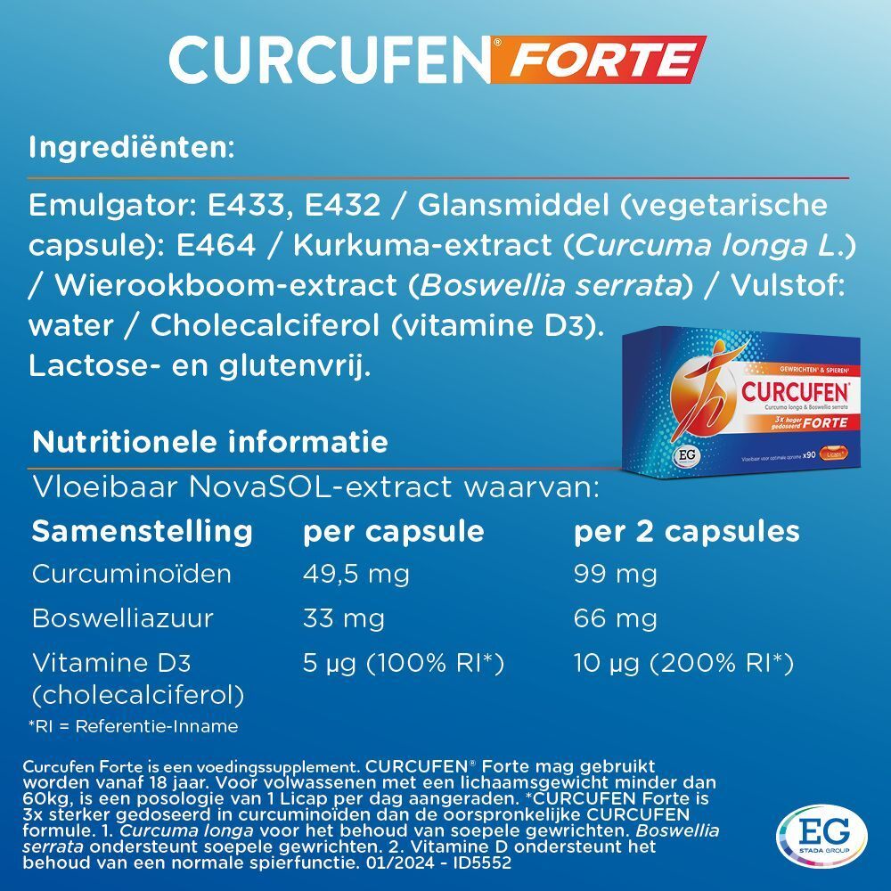 Ingrediënten en voedingswaarde. Capsule samenstelling. EG-logo. Blauwe achtergrond.