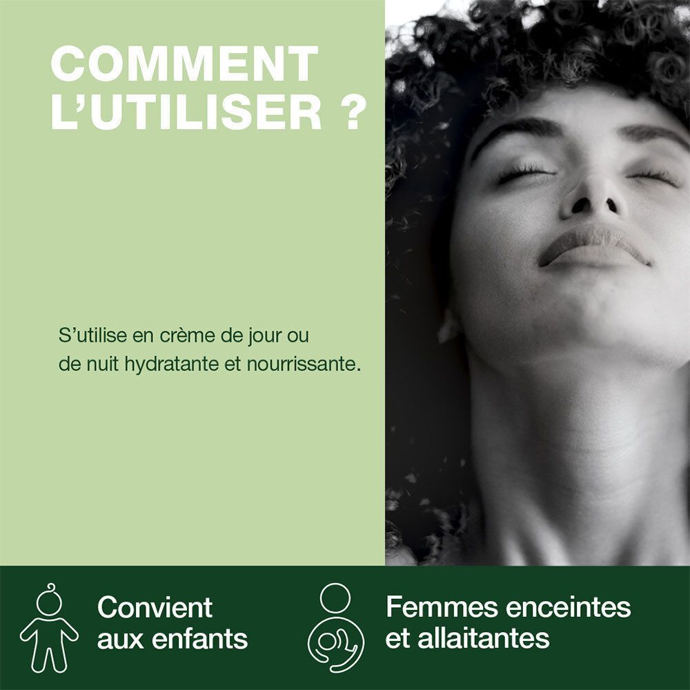 Femme aux yeux fermés. Texte: Comment l'utiliser? Convient aux enfants. Femmes enceintes et allaitantes.