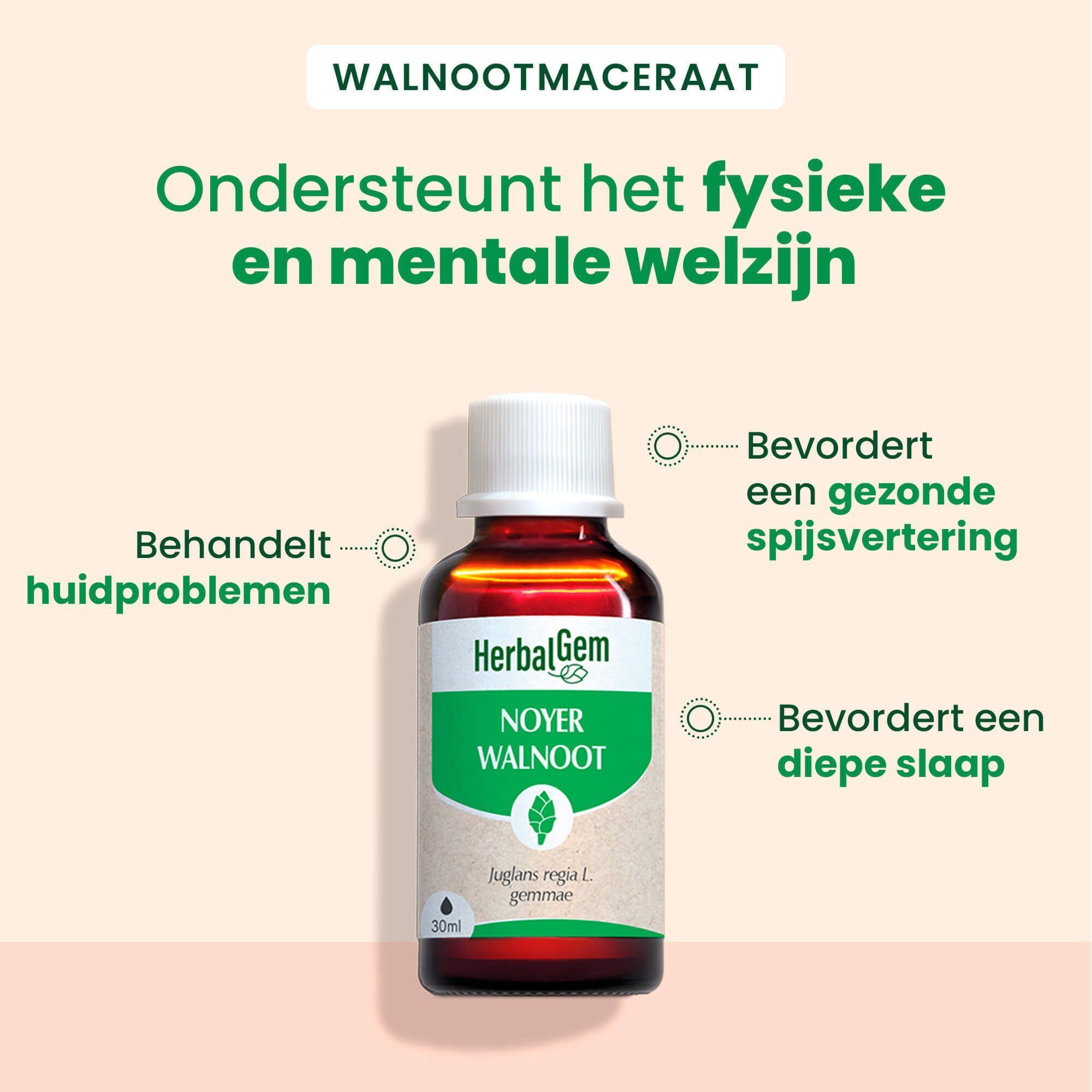 Een fles HerbalGem Walnoot Bio. Opschrift: Noyer Walnoot. Tekst en symbolen over het gebruik.