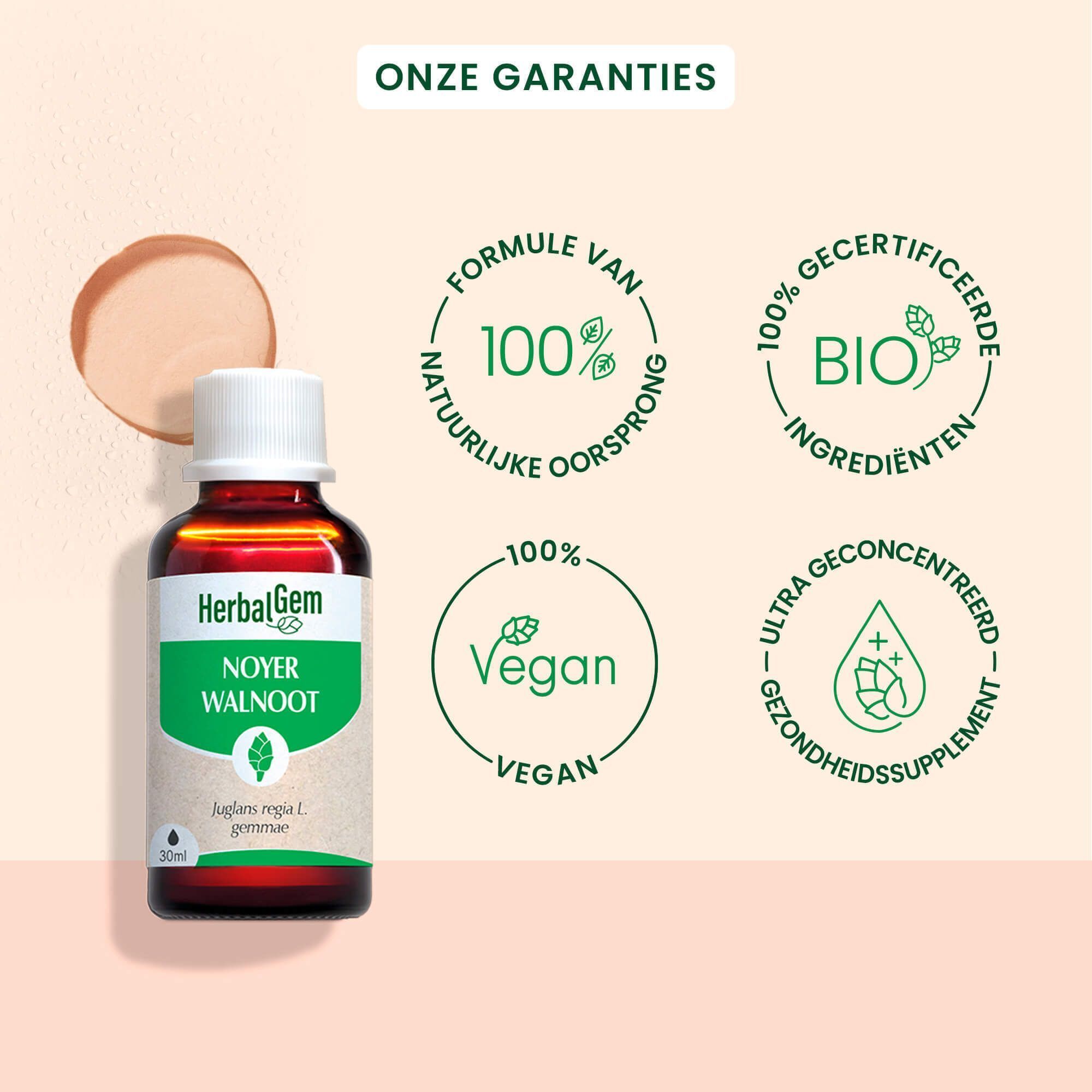Een fles HerbalGem Walnoot Bio. Tekst en symbolen, waaronder Bio-certificering en Vegan-label.