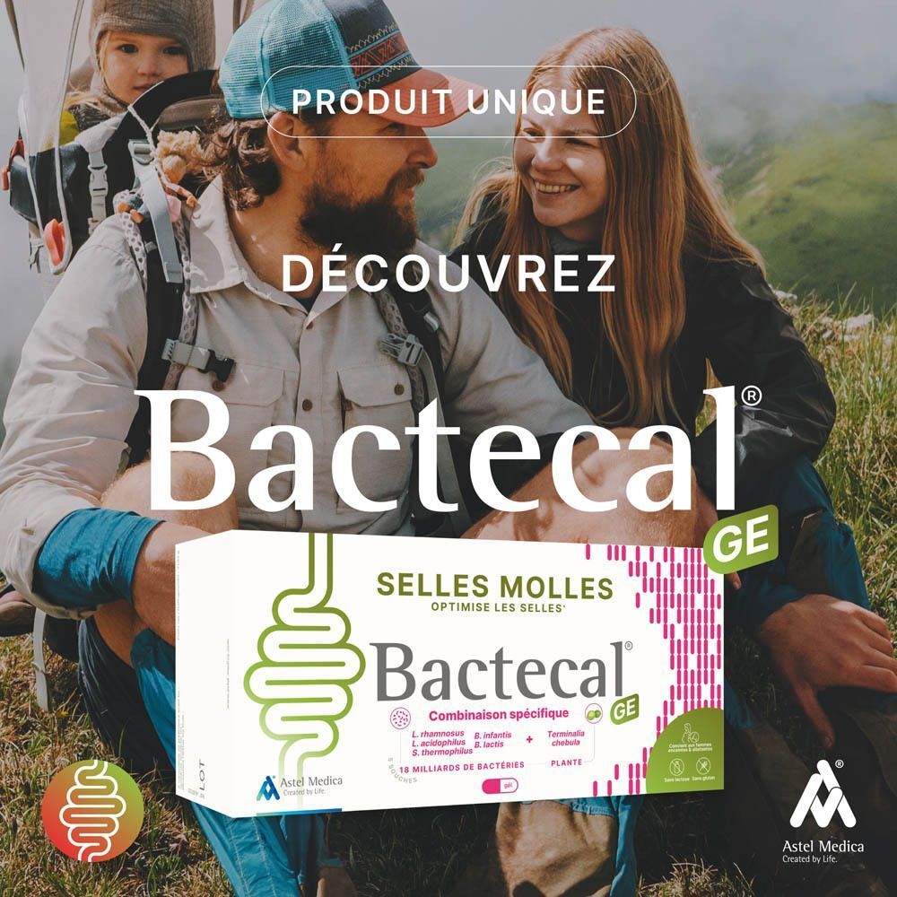 Boîte de Bactecal GE devant une famille en randonnée. Texte : 'Découvrez Bactecal GE'.