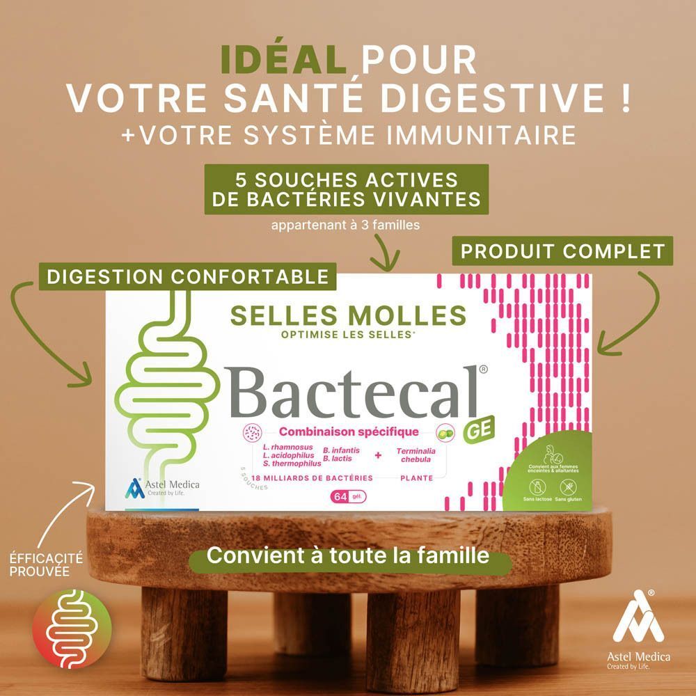 Boîte de Bactecal GE sur un support en bois. Texte : 'Idéal pour votre santé digestive'.