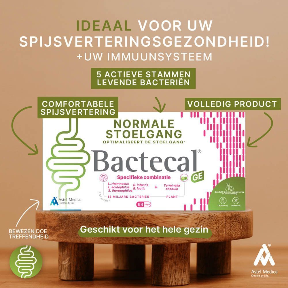 Pak Bactecal GE op een houten standaard. Tekst: 'Ideaal voor uw spijsverteringsgezondheid'.