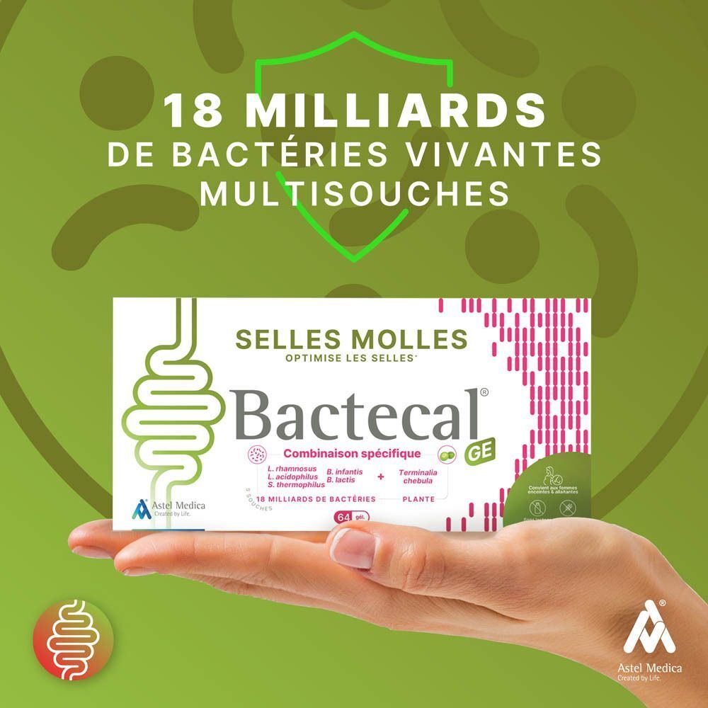 Une main tenant une boîte de Bactecal GE. Texte : '18 milliards de bactéries vivantes'.