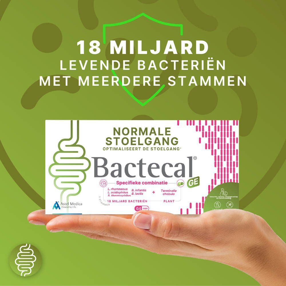 Hand die een pak Bactecal GE vasthoudt. Tekst: '18 miljard levende bacteriën'.