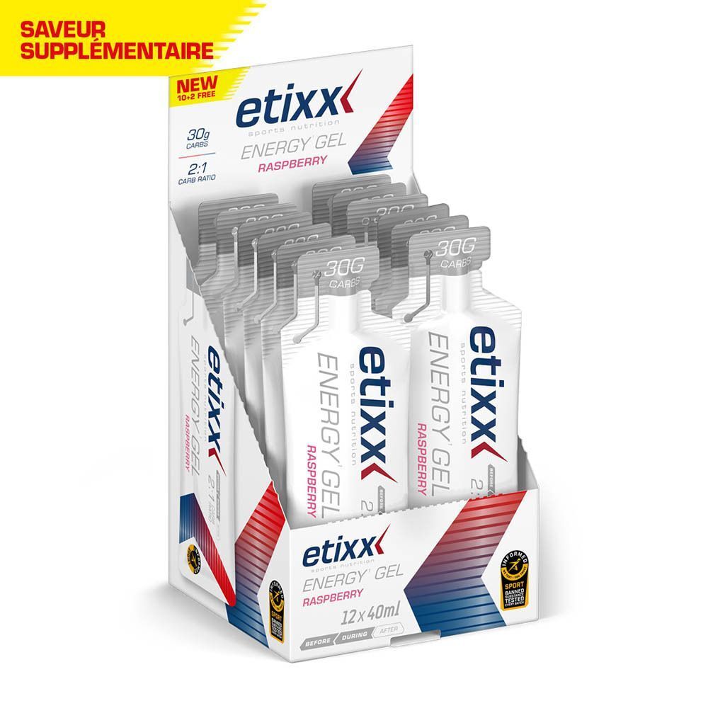 Etixx Energy Gel Framboise dans un présentoir. 12 sachets. Inscription : Etixx, Energy Gel, Framboise. Avec le logo 'New'.