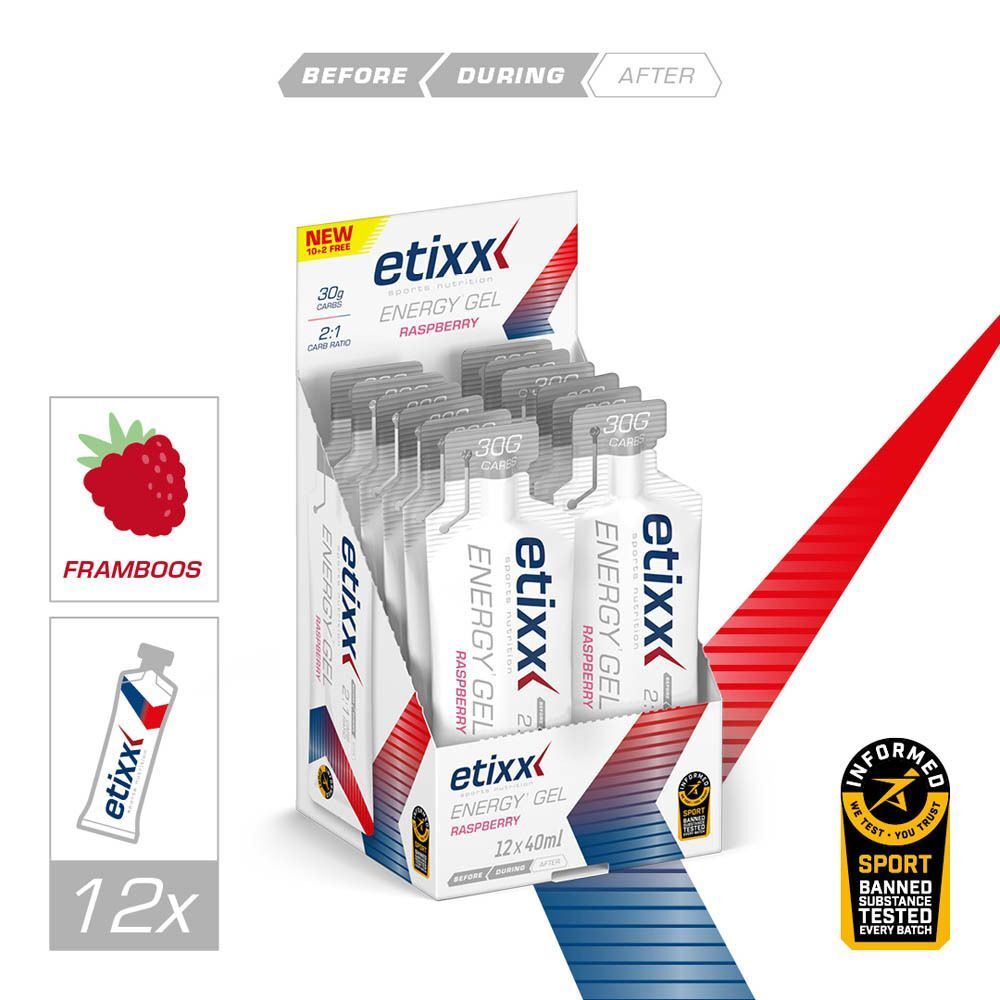 Etixx Energy Gel Framboos in een display. 12 zakjes. Logo: Framboos, Etixx, Energy Gel, Sport Banned Tested.