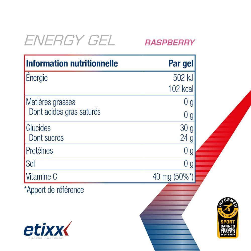 Tableau nutritionnel pour Etixx Energy Gel Framboise. Contient des informations sur l'énergie, les graisses, les glucides, le sucre, les protéines, le sel, la vitamine C.