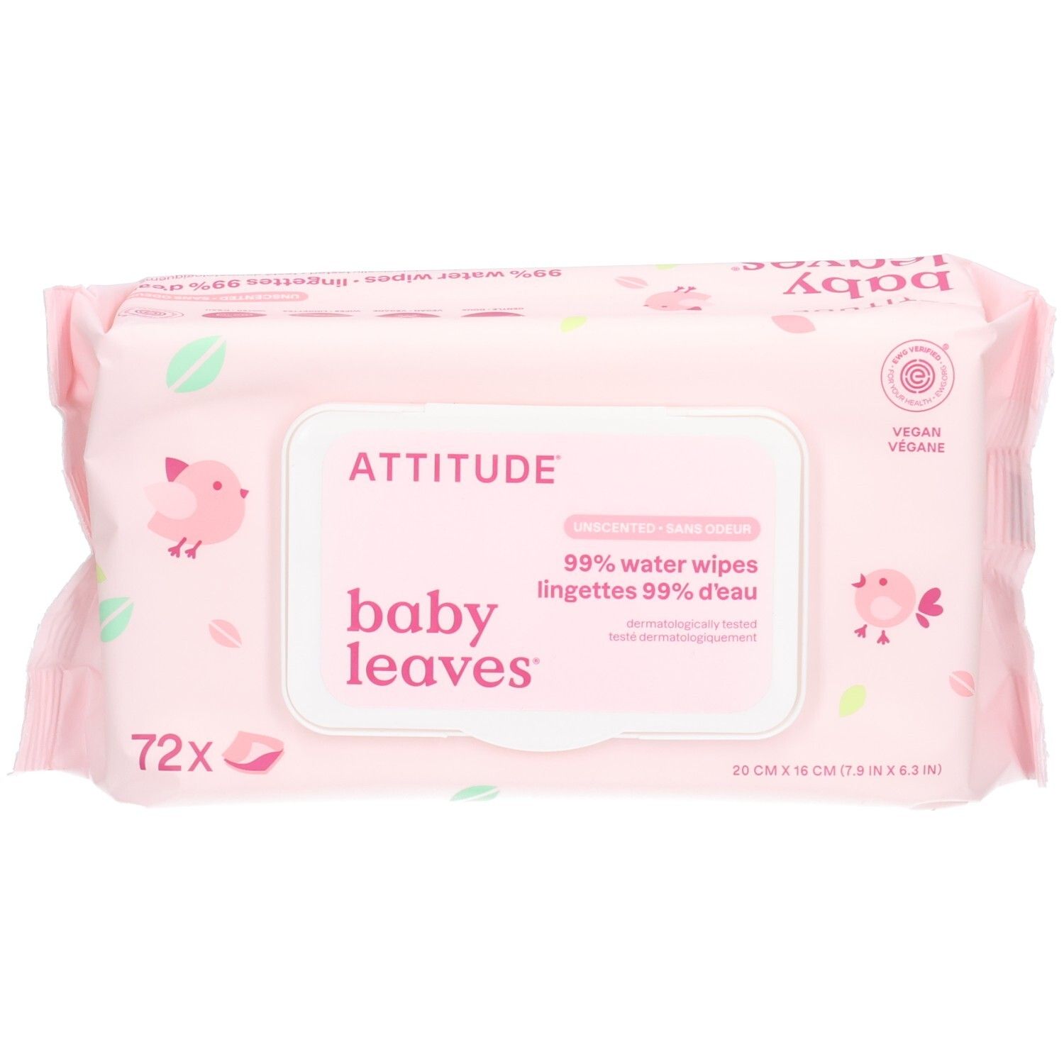 ATTITUDE Baby Leaves Feuchttücher, 72 Stück, 99% Wasser, vegan.