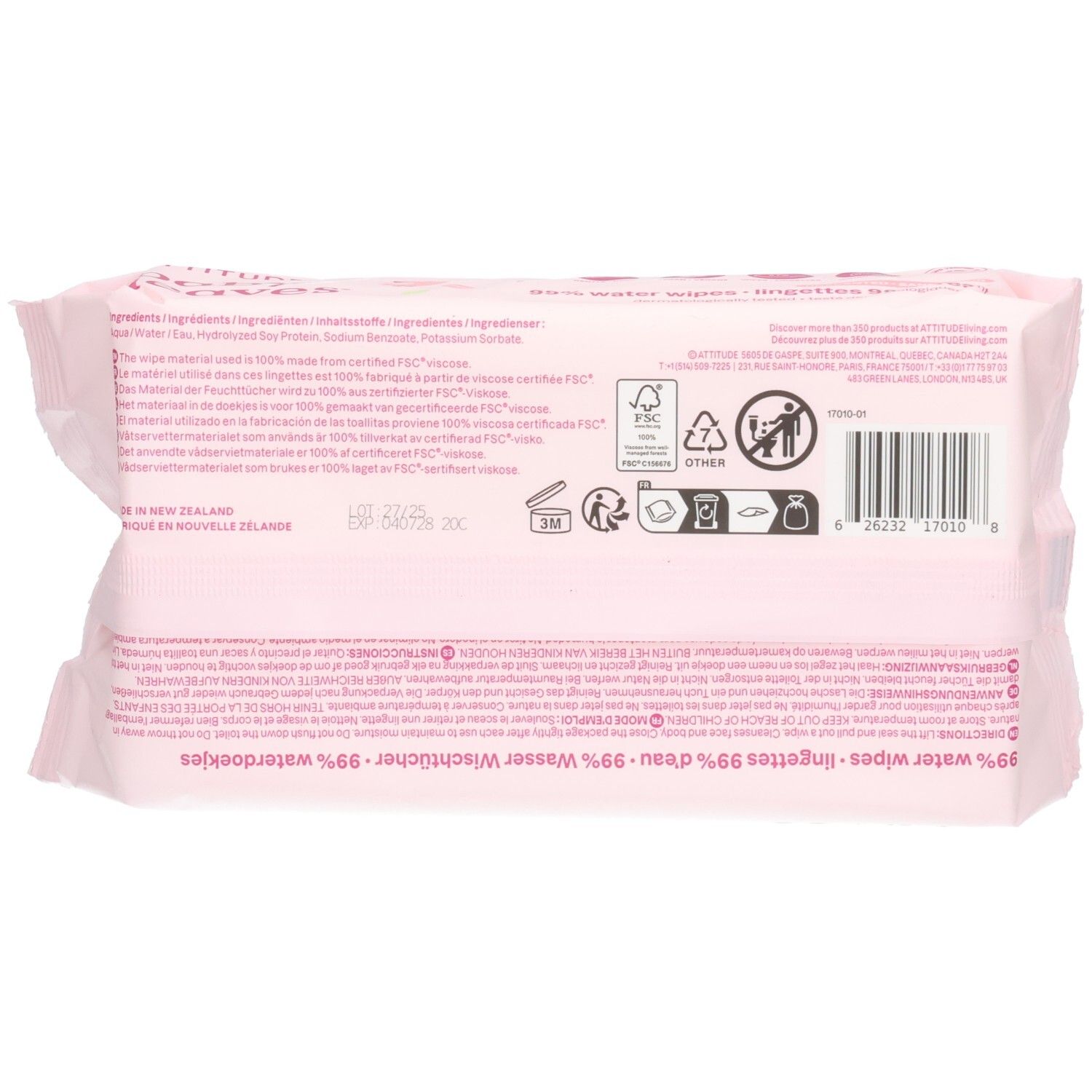 Rückseite der ATTITUDE Baby Leaves Feuchttücherpackung mit Inhaltsstoffen und Zertifizierungen.