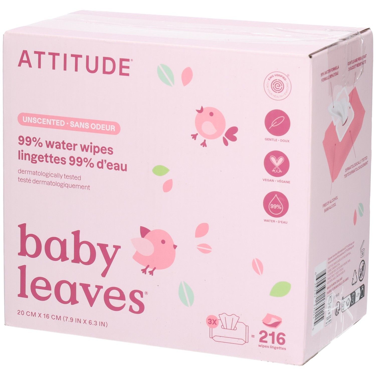 ATTITUDE Baby Leaves 99% Wasser-Tücher, 216 Stück.