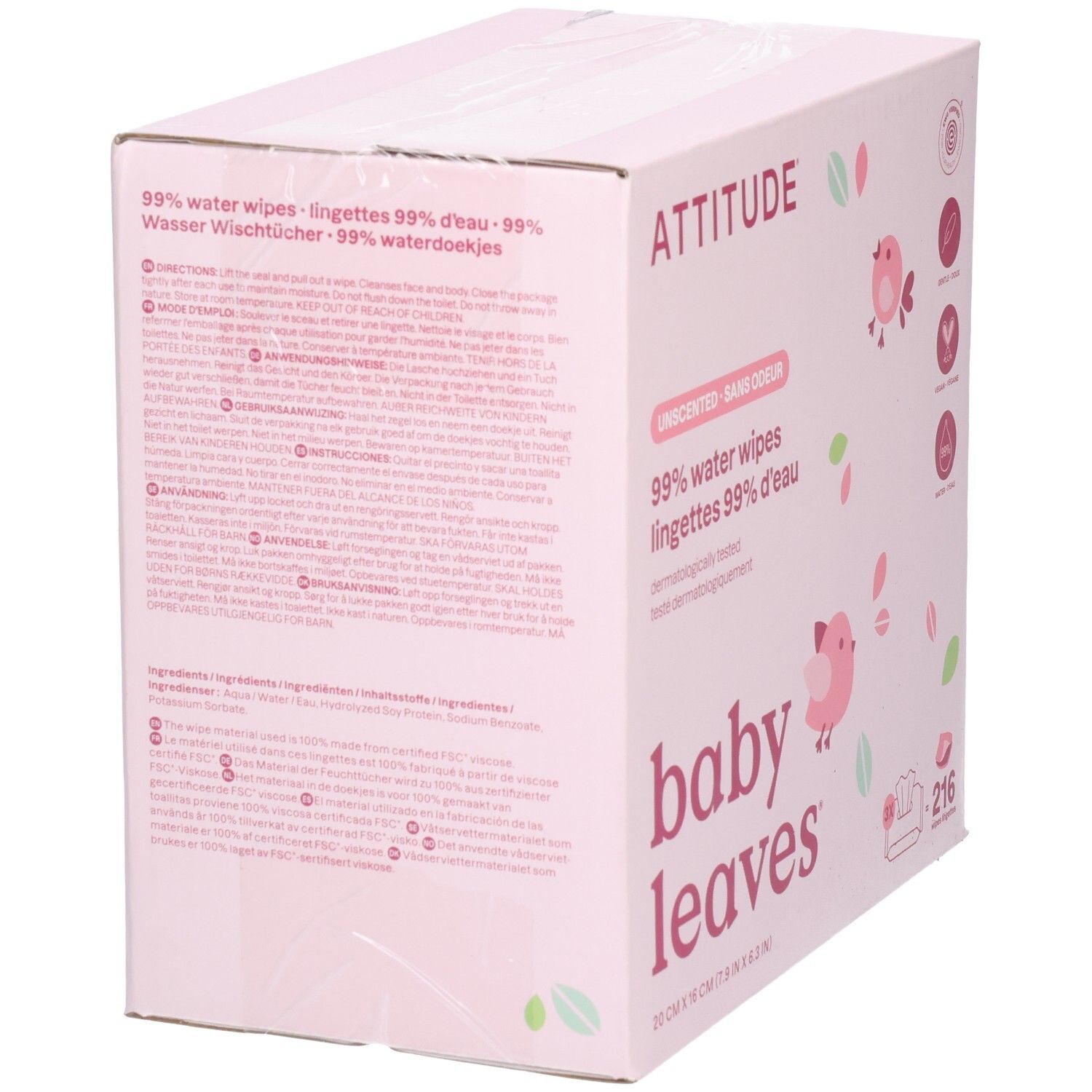 ATTITUDE Baby Leaves 99% Wasser-Tücher, Rückseite mit Produktinformationen.