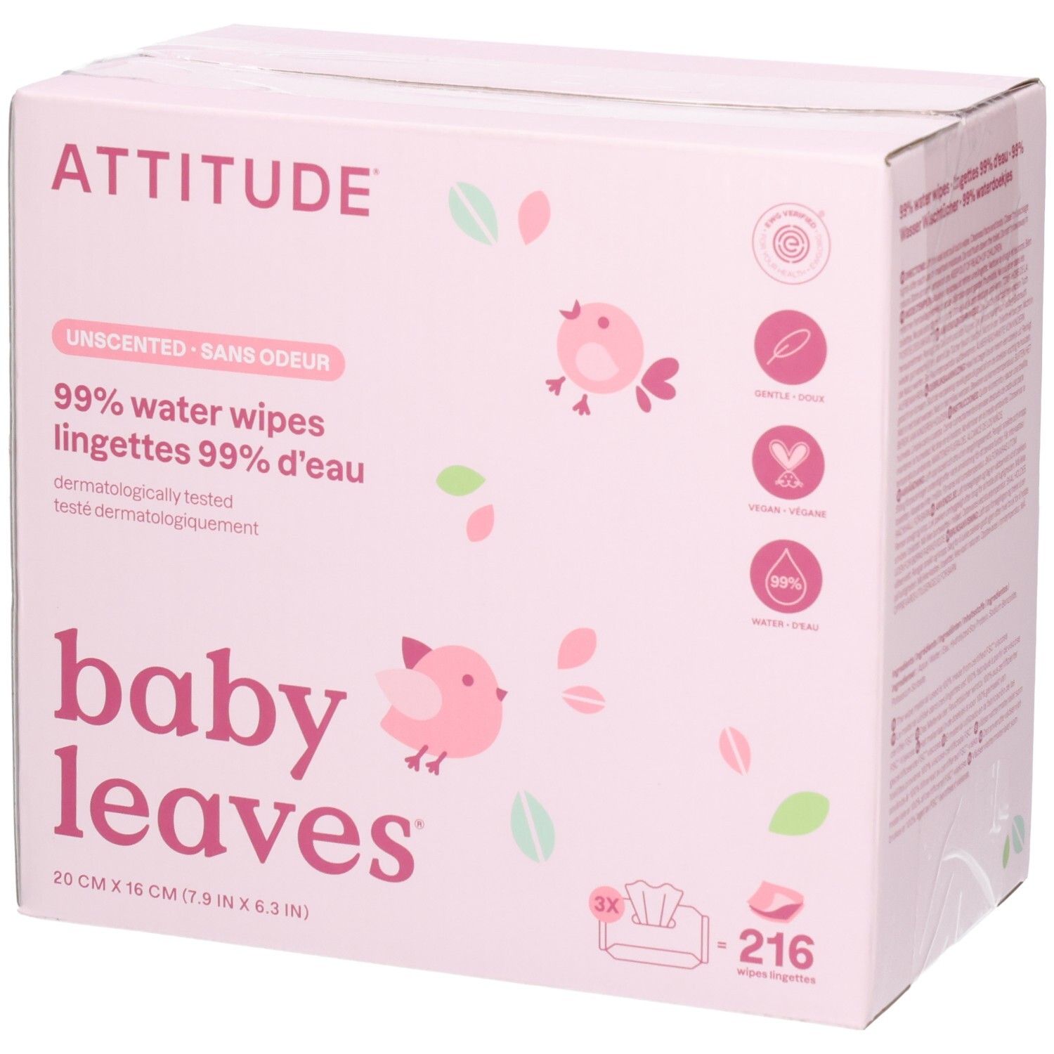 ATTITUDE Baby Leaves 99% Wasser-Tücher, 216 Stück, rosa Verpackung mit Vögeln.
