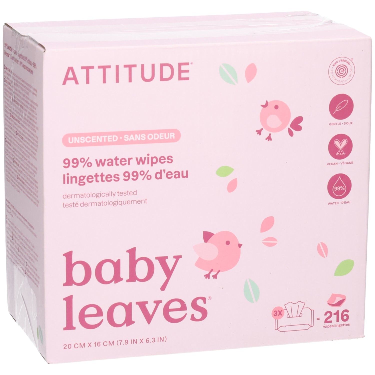 ATTITUDE Baby Leaves 99% Wasser-Tücher, 216 Stück, rosa Verpackung mit Vögeln.