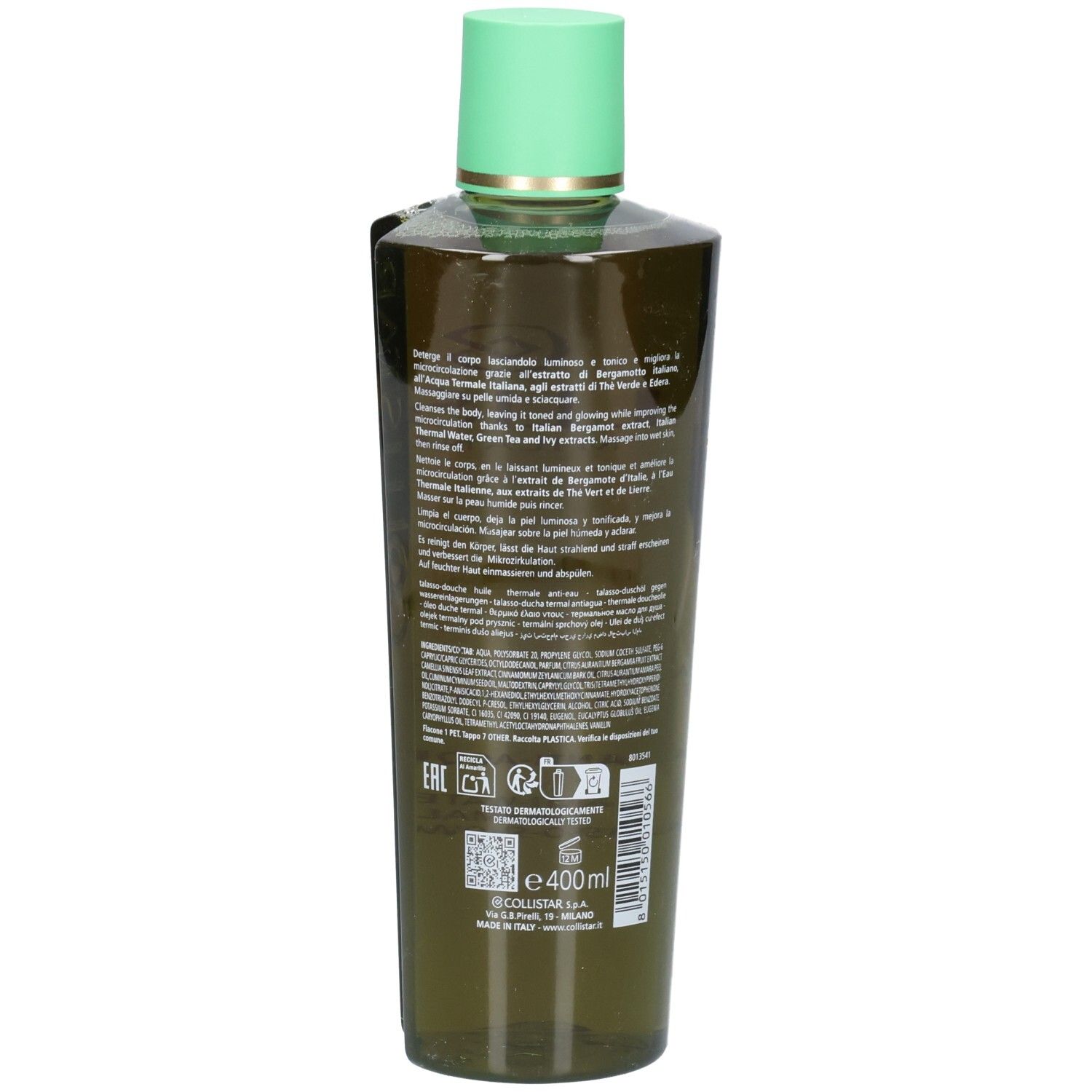Collistar Talasso-Duschöl in grünem Flakon. Rückansicht mit detailliertem Etikett und 400ml Angabe.