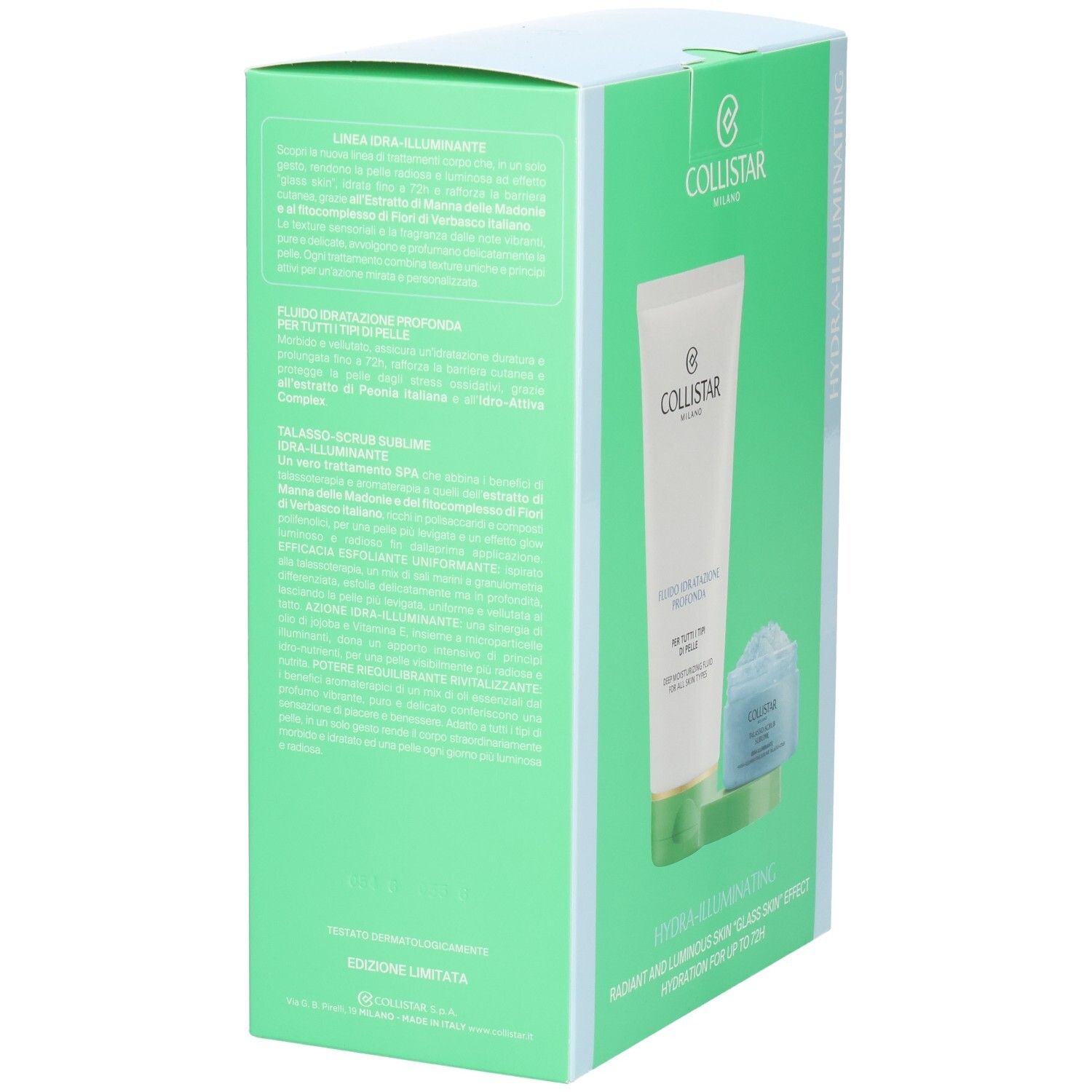 Grüne Box mit Text. Collistar, Hydra-Illuminating, Deep Moisturizing Fluid, Talasso-Scrub. Limited Edition.
