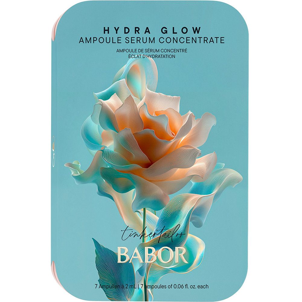 Babor Hydra Glow Ampullen in einer offenen, roségoldfarbenen Metalldose, mit 6 Ampullen und einem Applikator.