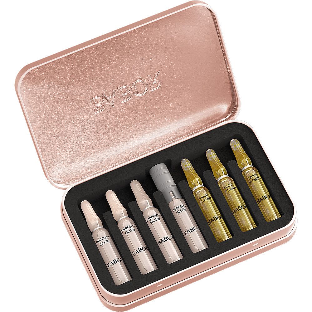 Babor Vitamin Glow Ampulle Serum Konzentrat Verpackung mit Blumenmotiv.