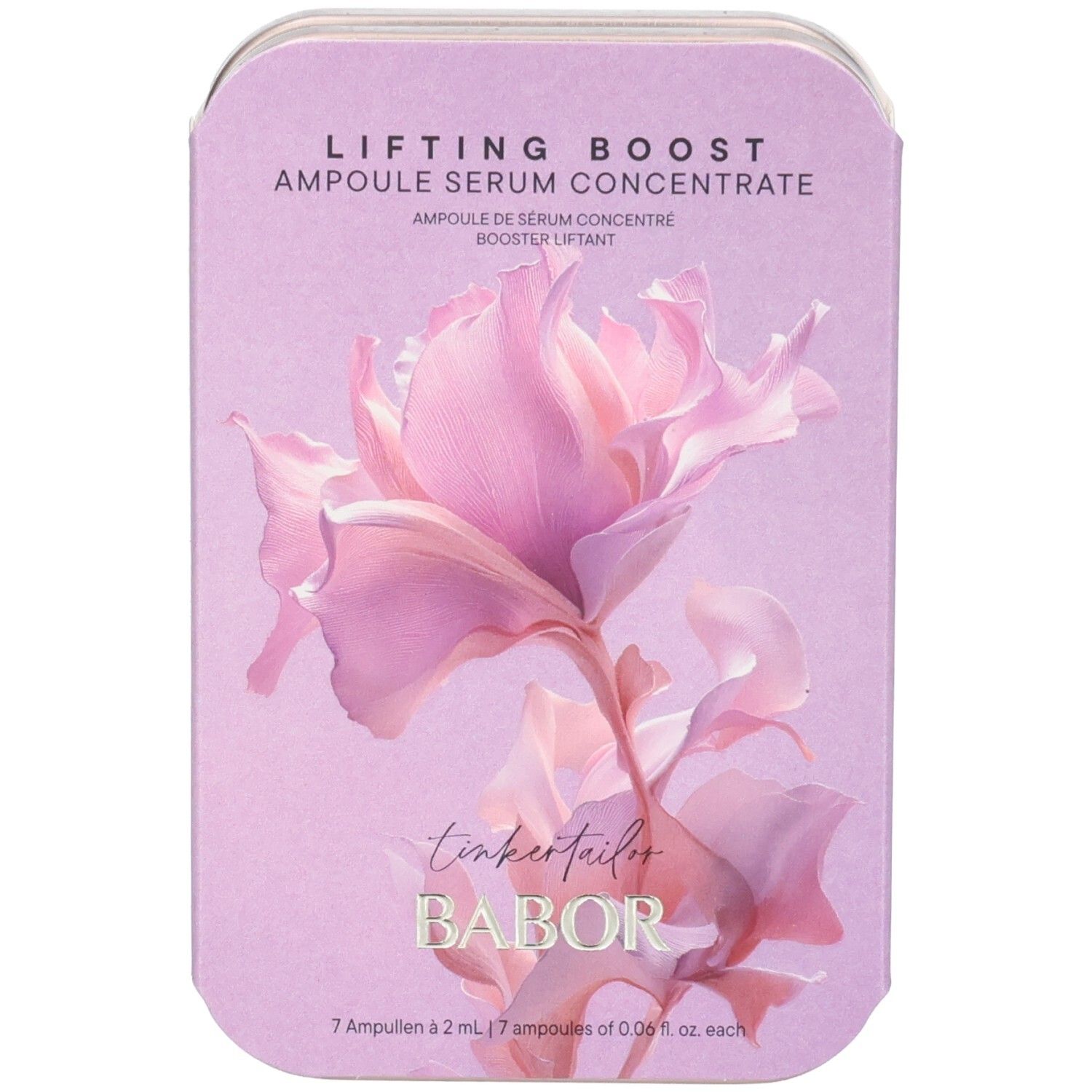 Babor Lifting Boost Ampullen-Set in einer rosafarbenen Metalldose mit Blumenmotiv.