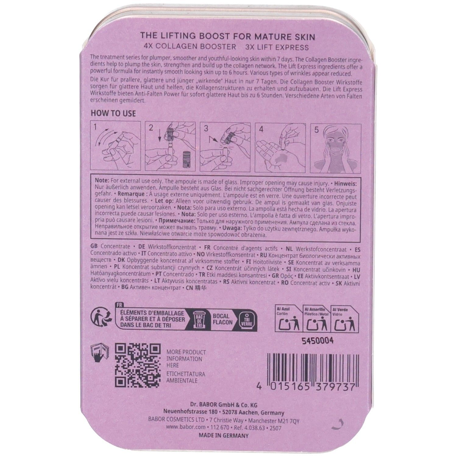 Rückseite der Babor Lifting Boost Ampullen-Verpackung mit Anwendungshinweisen und Produktinformationen.