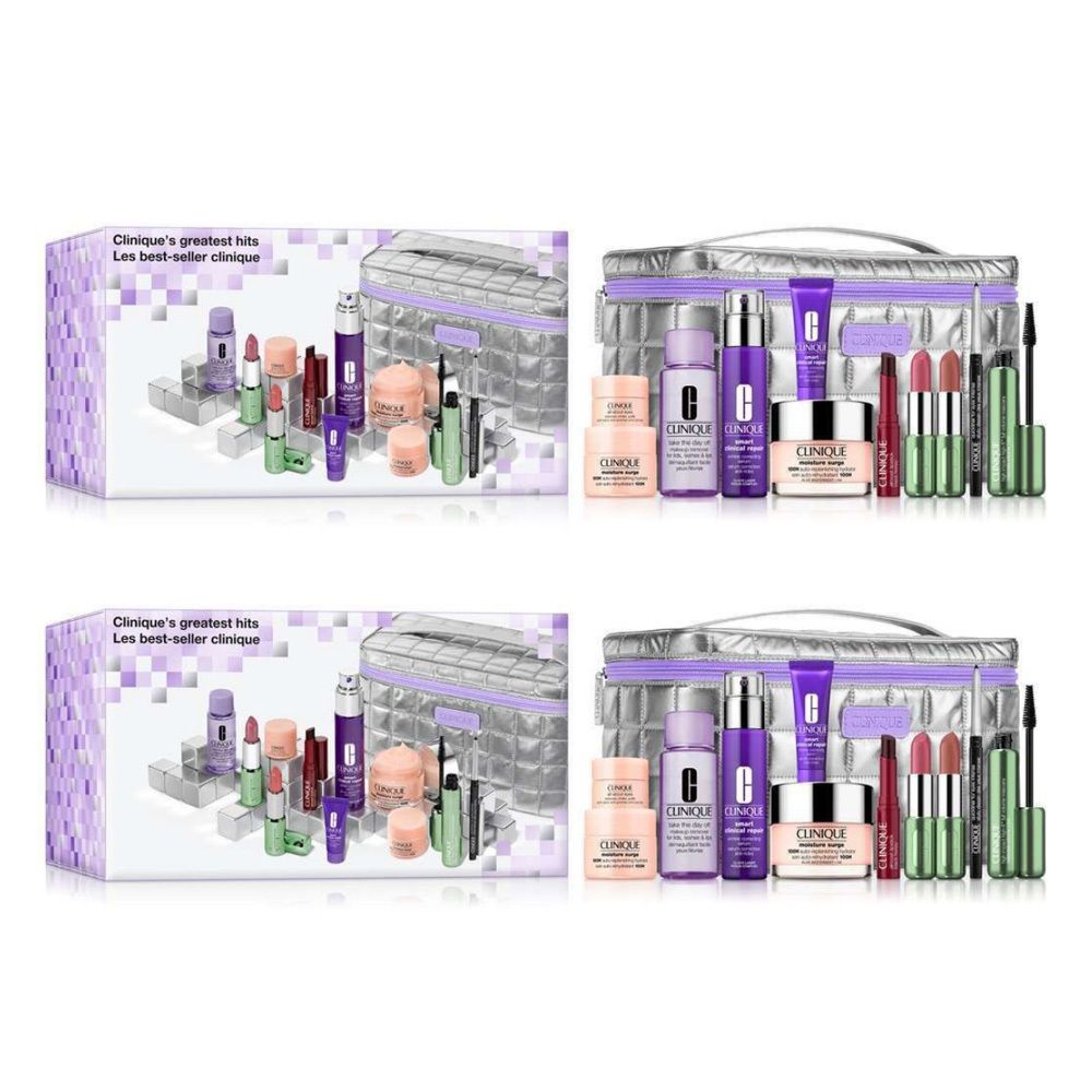 Clinique's Greatest Hits Blockbuster Set mit Kosmetiktasche und verschiedenen Kosmetikprodukten.