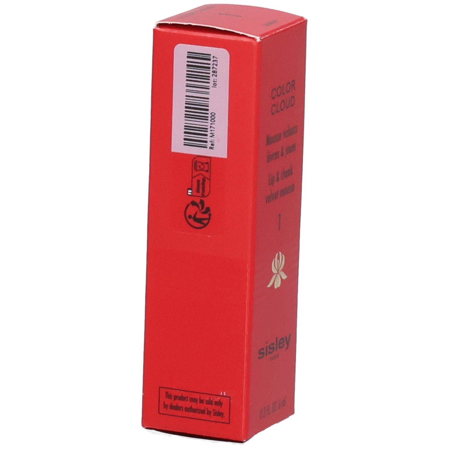 Sisley Color Cloud Lippen- und Wangenmousse, Rückseite der roten Verpackung mit Barcode und Informationen.