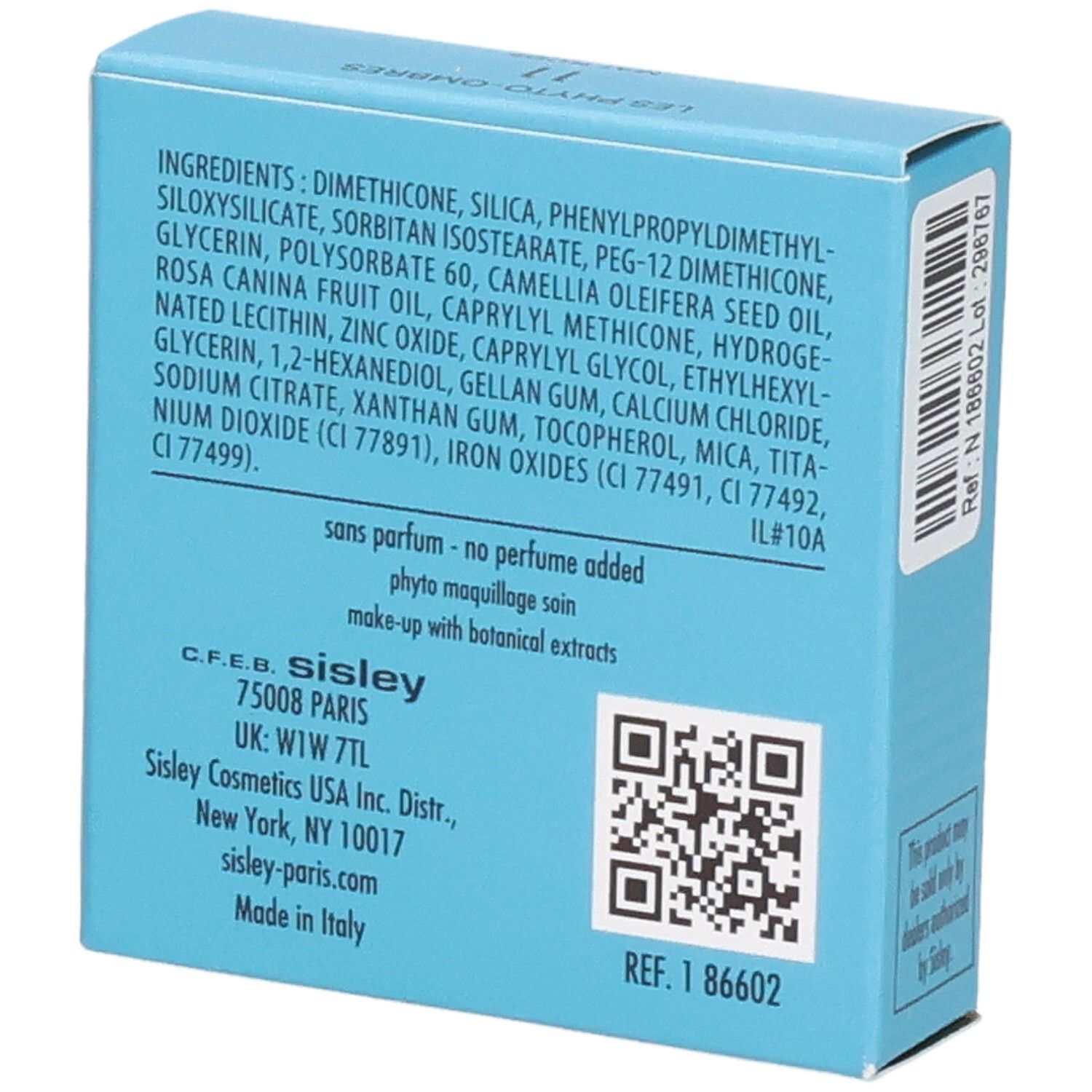Sisley Les Phyto-Ombres Lidschatten 11 Mat Nude, Rückseite mit Inhaltsstoffen und QR-Code.