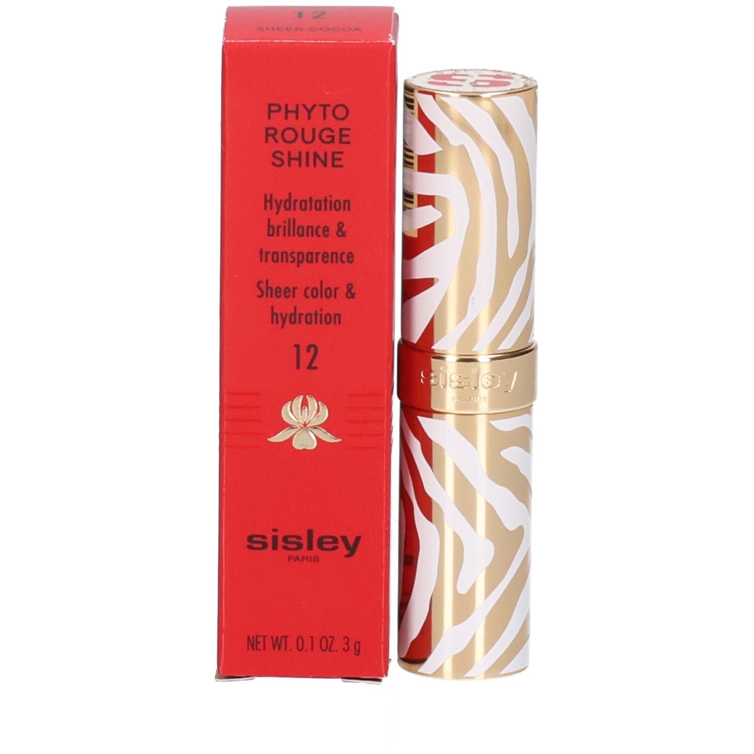 Sisley Phyto Rouge Shine Lippenstift in gold-weißem Zebra-Muster.