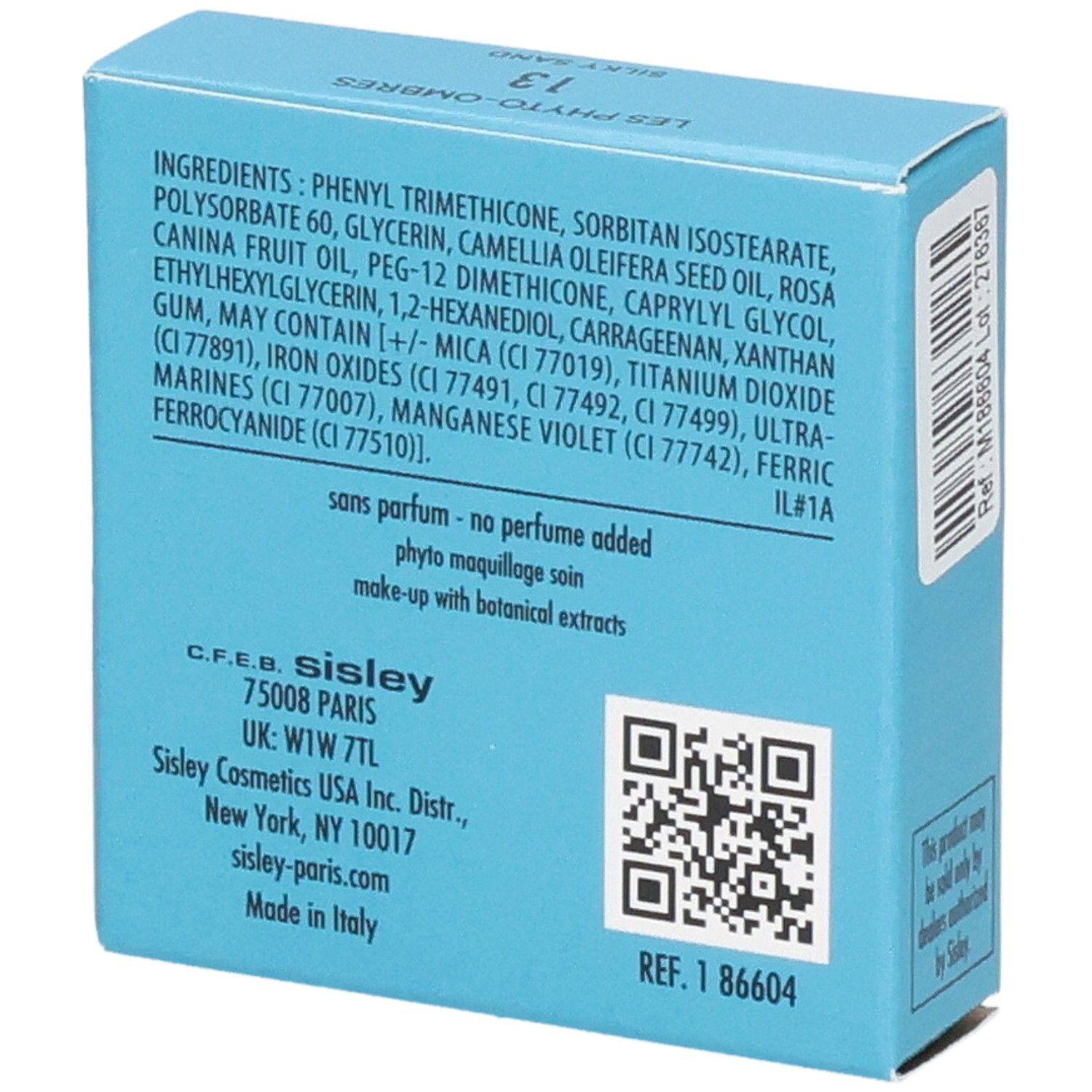 Sisley Les Phyto-Ombres Lidschattenkarton, Rückseite mit Inhaltsstoffen und QR-Code.