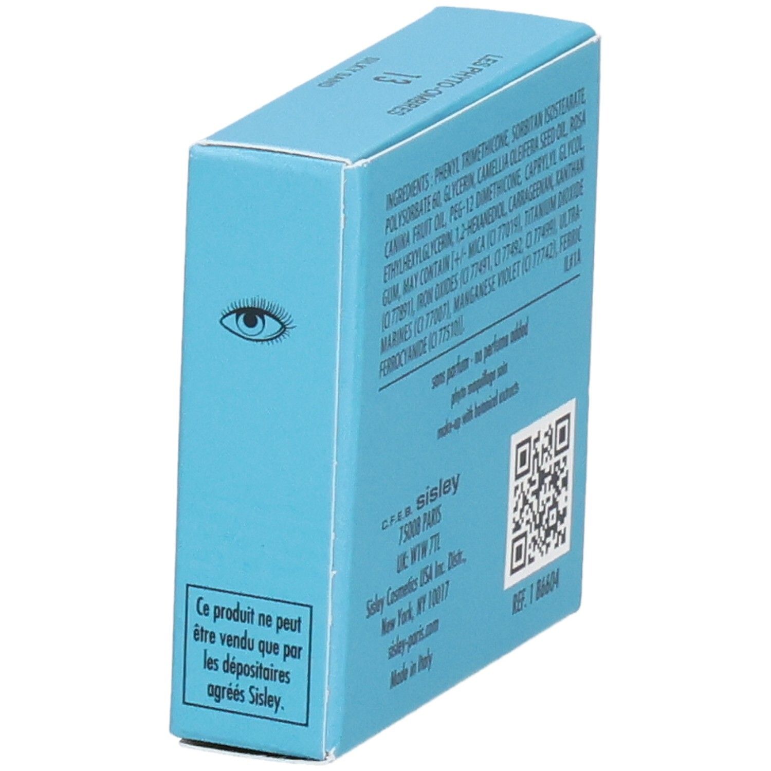 Sisley Les Phyto-Ombres Lidschattenkarton, Seite mit Inhaltsstoffen und QR-Code.