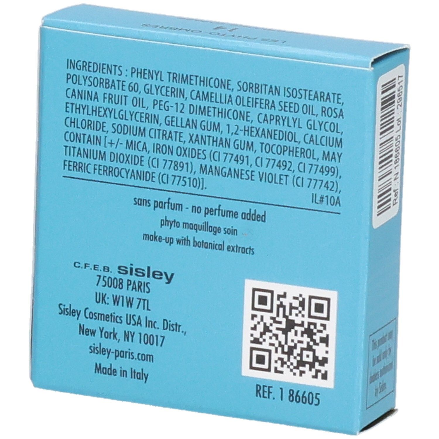 Sisley Les Phyto-Ombres Lidschatten-Verpackung, Rückseite mit Inhaltsstoffen und Adressangaben.