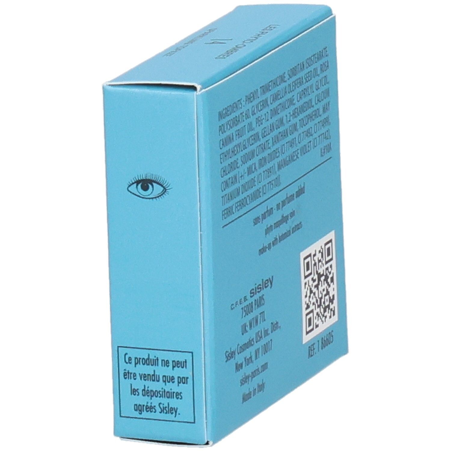 Sisley Les Phyto-Ombres Lidschatten-Verpackung, Seite mit Augen-Symbol und Hinweis.