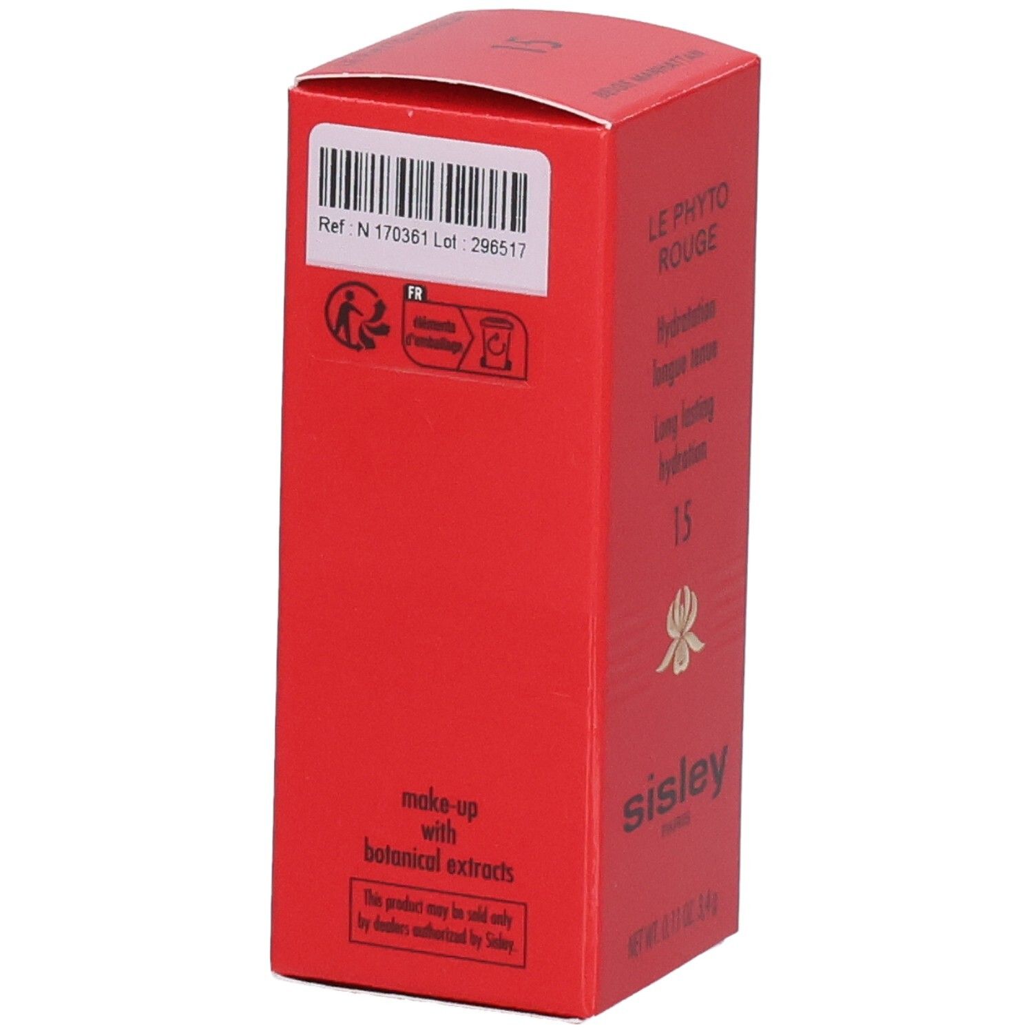 Sisley Le Phyto Rouge Lippenstift, rote Verpackung mit Barcode und Hinweisen.