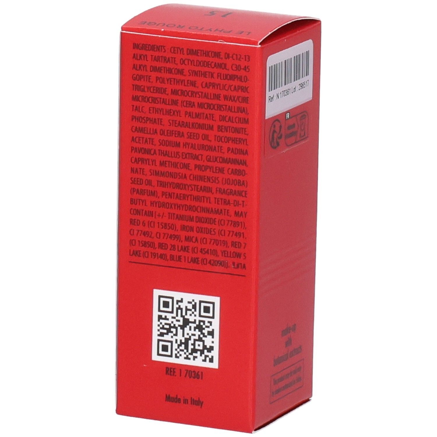 Sisley Le Phyto Rouge Lippenstift, rote Verpackung mit Inhaltsstoffen und QR-Code.