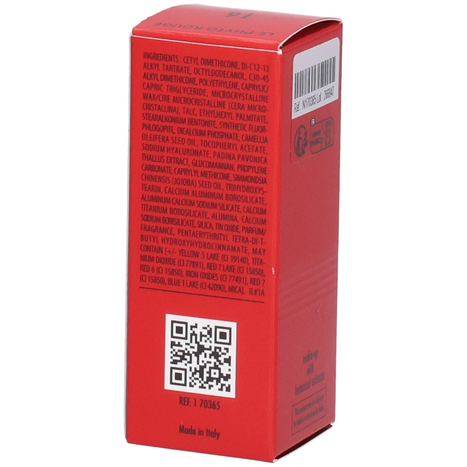 Sisley Le Phyto Rouge Lippenstift Verpackung, Seite mit Inhaltsstoffen und QR-Code.