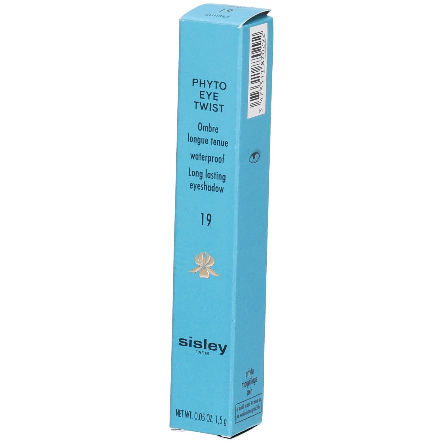 Sisley Phyto Eye Twist Lidschattenstift-Verpackung, blau, mit Produktinformationen und Logo.