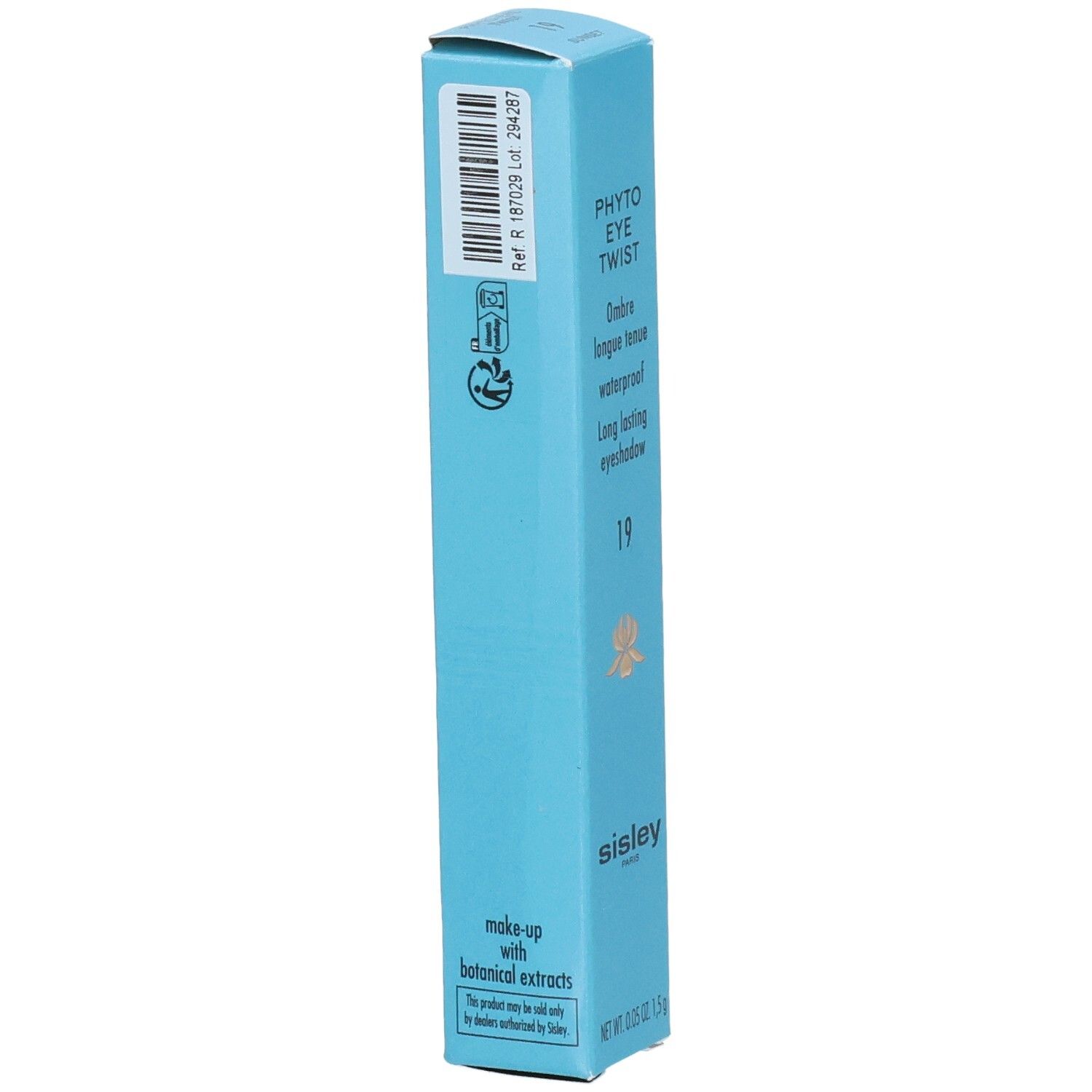 Sisley Phyto Eye Twist Lidschattenstift-Verpackung, blau, mit Barcode und Siegeln.