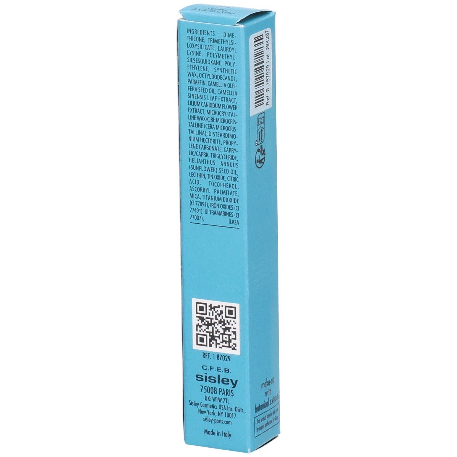 Sisley Phyto Eye Twist Lidschattenstift-Verpackung, Rückseite mit Inhaltsstoffen und QR-Code.