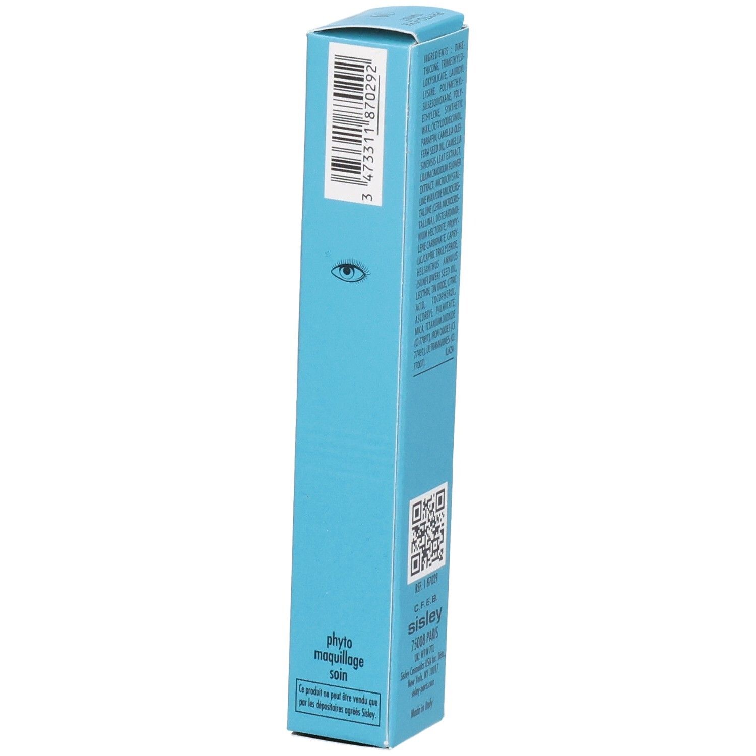 Sisley Phyto Eye Twist Lidschattenstift-Verpackung, blau, mit Augen-Symbol und QR-Code.