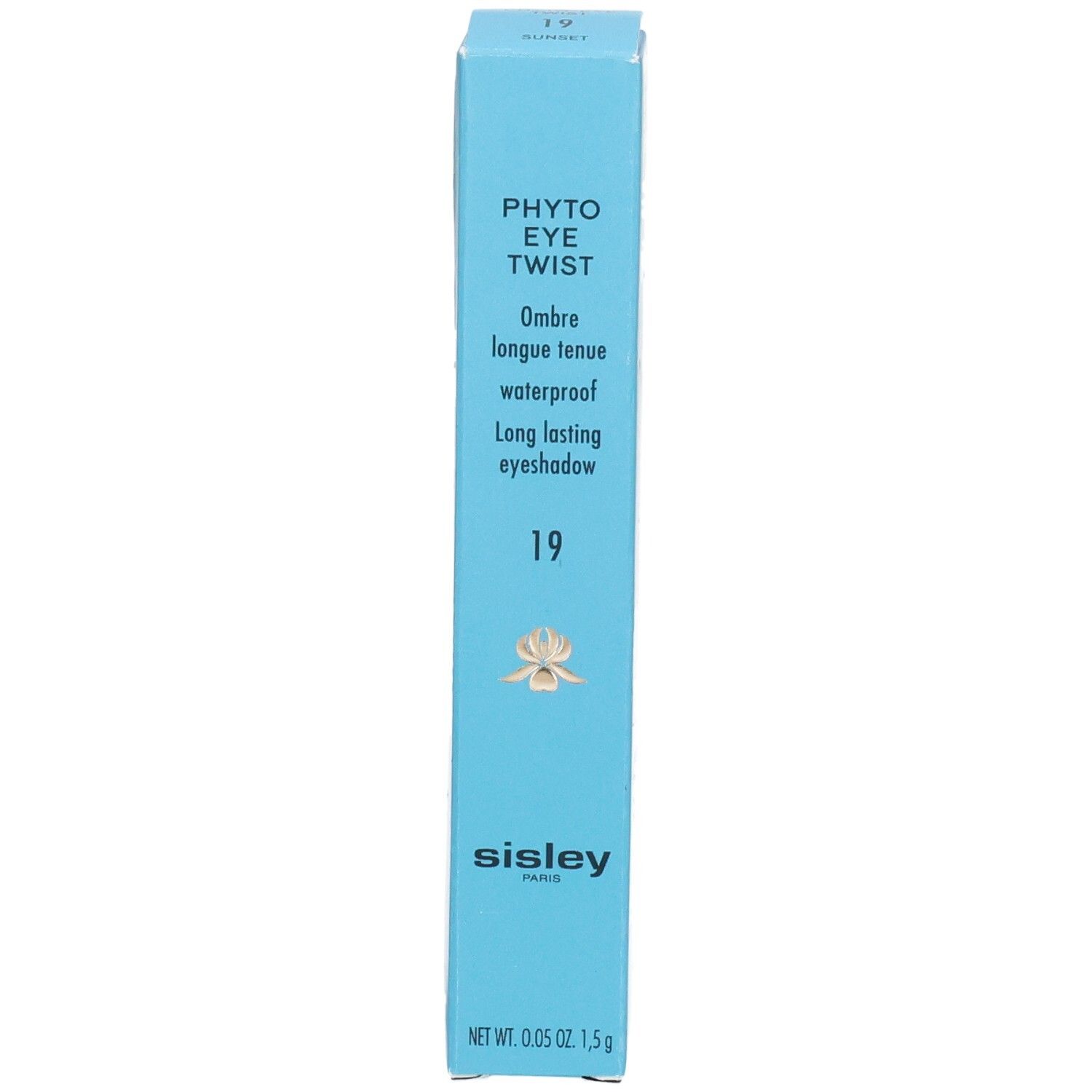 Sisley Phyto Eye Twist Lidschattenstift-Verpackung, blau, mit Produktinformationen und Logo.