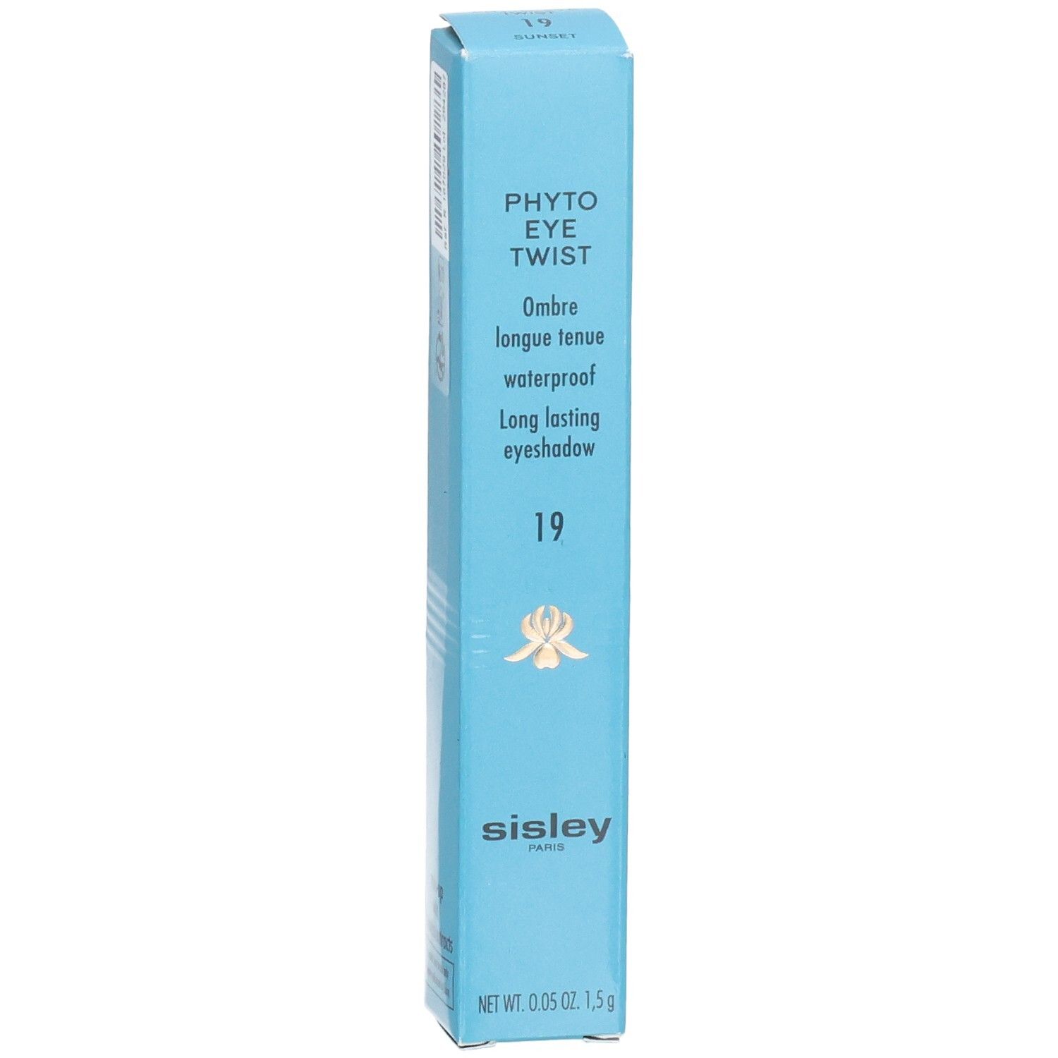 Sisley Phyto Eye Twist Lidschattenstift-Verpackung, blau, mit Produktinformationen und Logo.