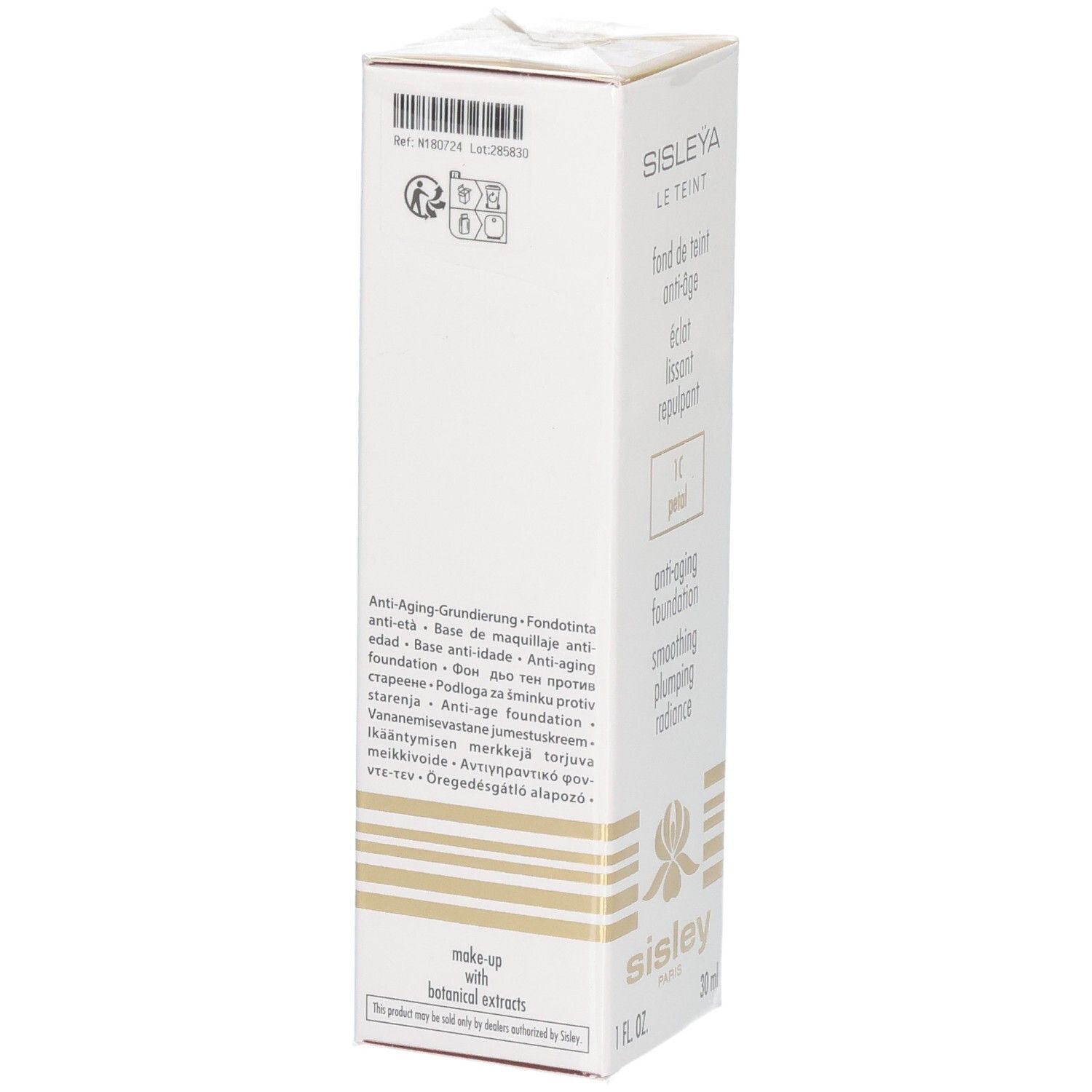 Sisley Sisleya Le Teint Foundation Karton, Rückseite mit Produktinformationen, 1C Petal, 30ml.