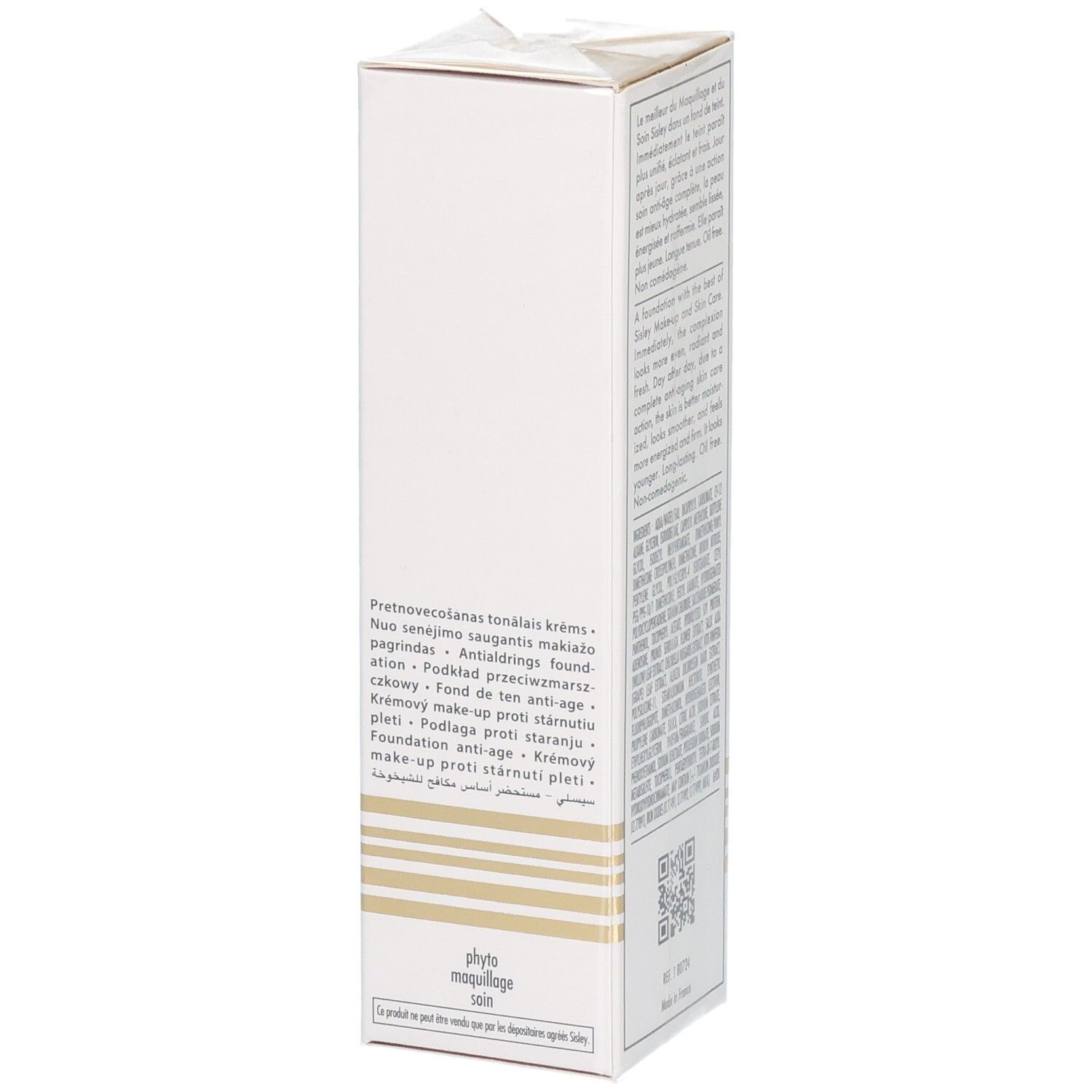 Sisley Sisleya Le Teint Foundation Karton, Seite mit mehrsprachigen Produktbeschreibungen, 1C Petal, 30ml.