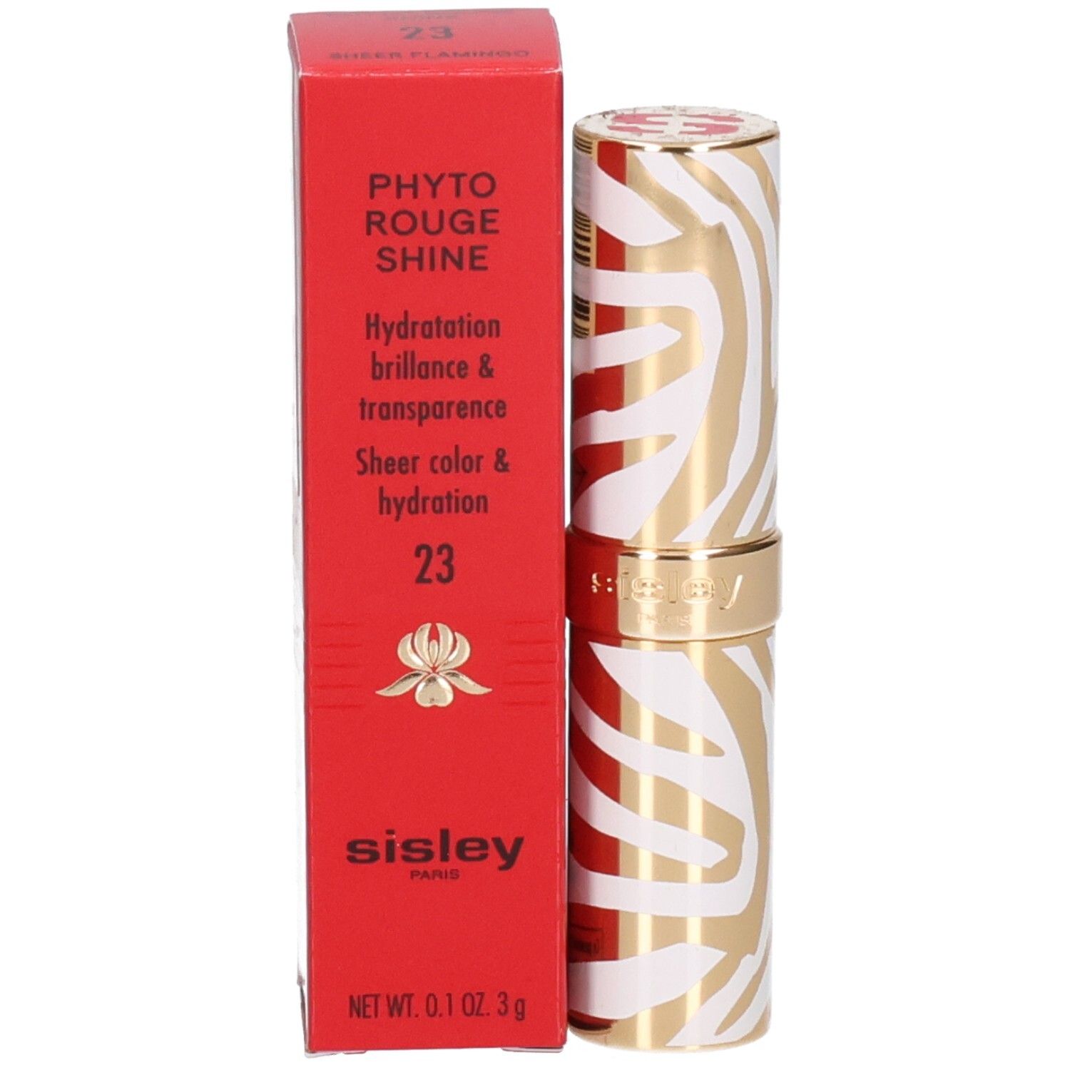 Sisley Phyto Rouge Shine Lippenstift in gold-weißem Zebra-Muster.