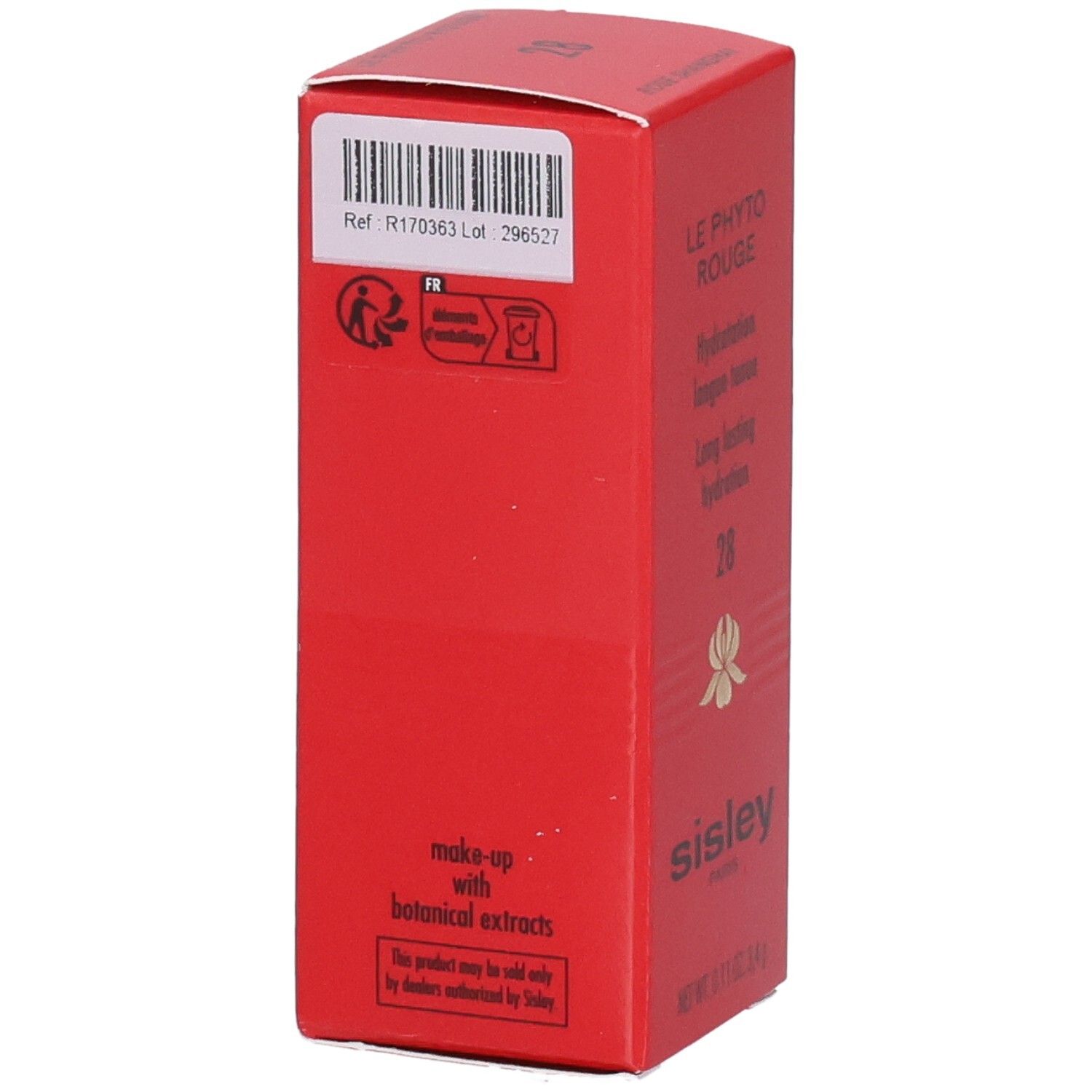 Sisley Le Phyto Rouge Lippenstift-Verpackung, Rückseite mit Barcode und Hinweisen.