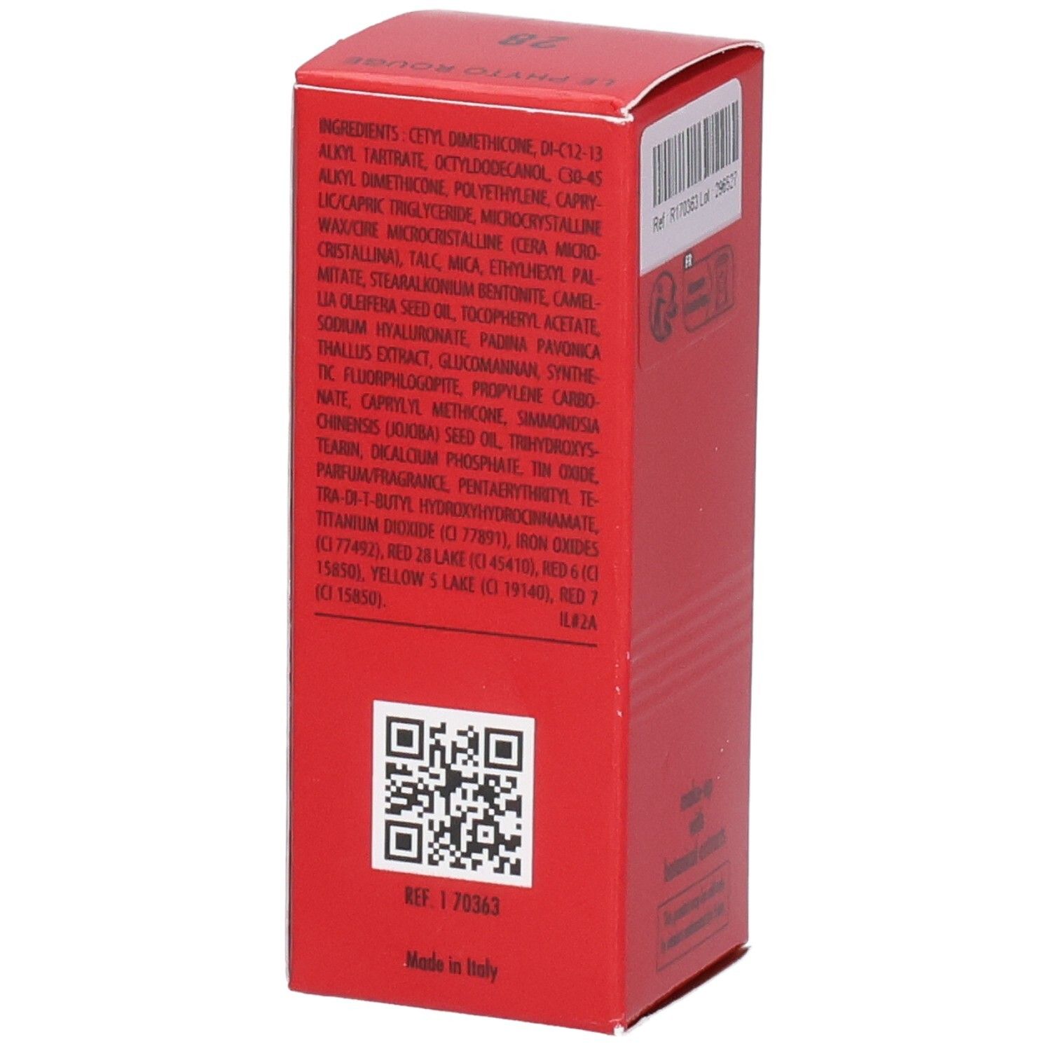Sisley Le Phyto Rouge Lippenstift-Verpackung, Seite mit Inhaltsstoffen und QR-Code.