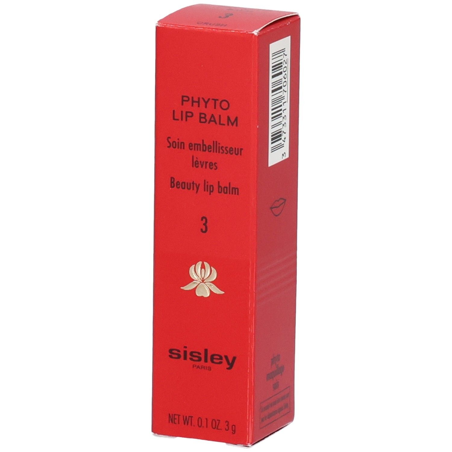 Rote Faltschachtel für SIS PHYTO LIP BALM, mit Produktinformationen und Barcode.