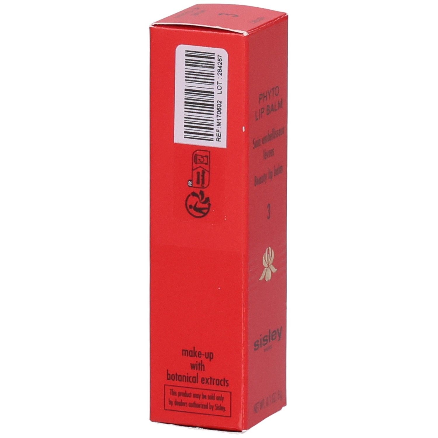 Rote Faltschachtel für SIS PHYTO LIP BALM, mit Symbolen und Hinweisen zur Entsorgung.