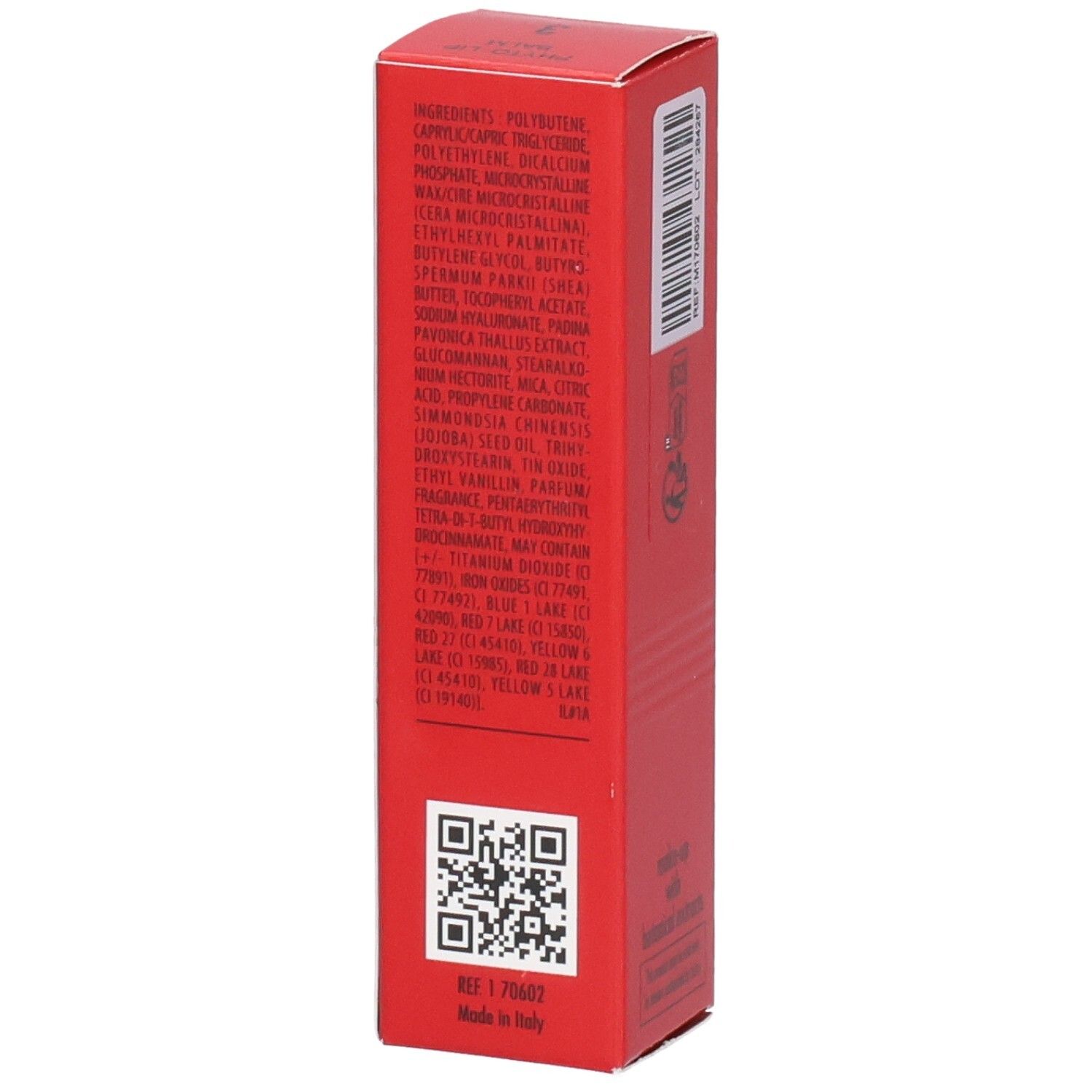 Rote Faltschachtel für SIS PHYTO LIP BALM, mit Zutatenliste und QR-Code.